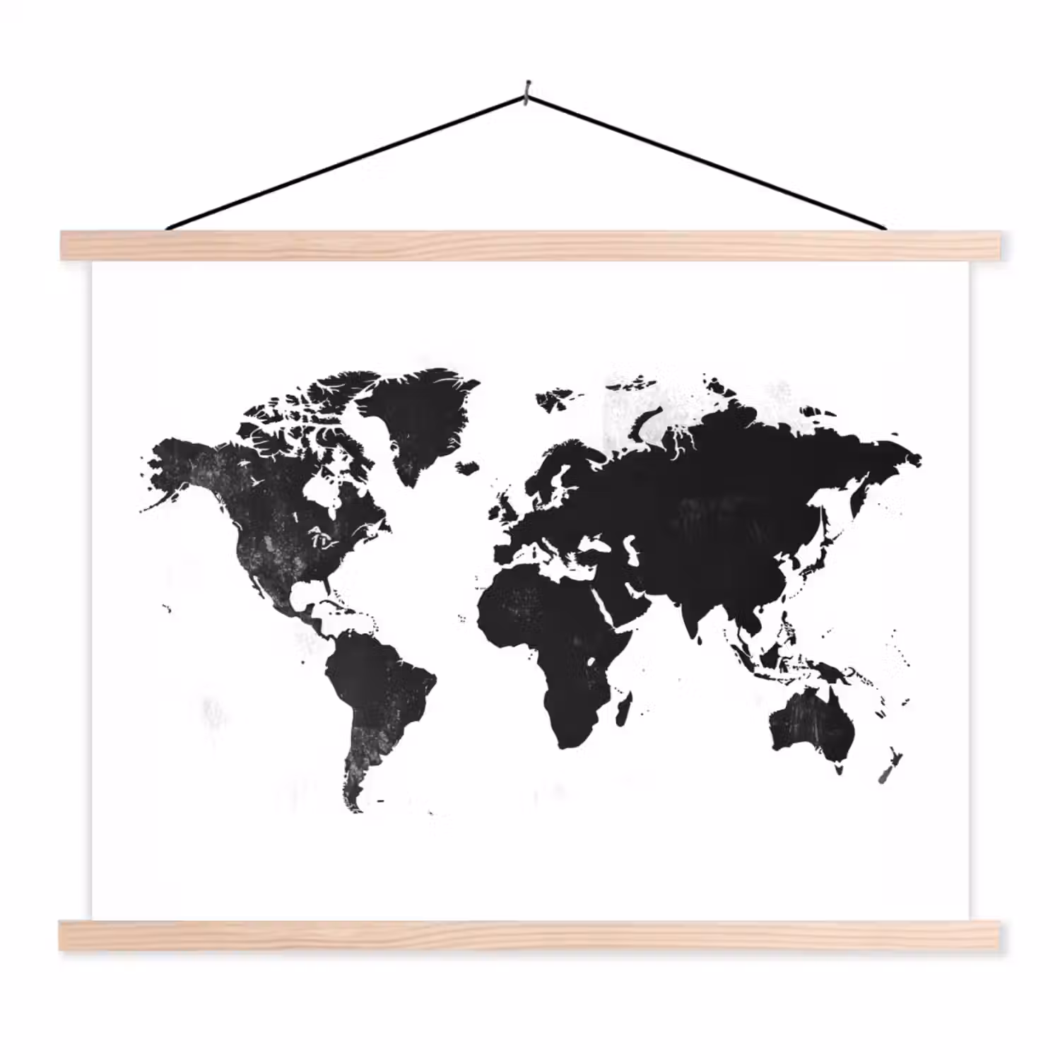 Wereldkaart - Zwart - Wit - Strak textielposter latten blank klein -3d