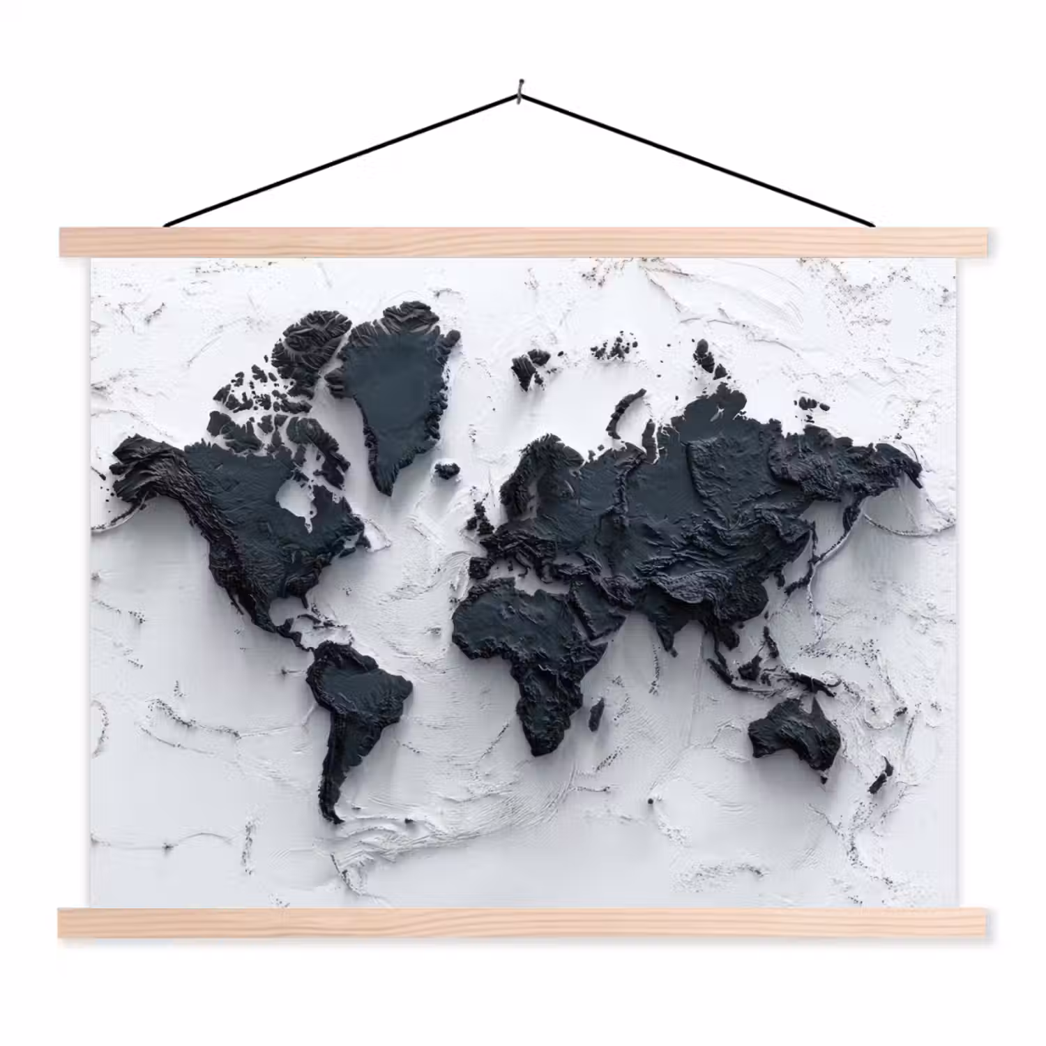Wereldkaart - Zwarte- Steen textielposter latten blank klein -3d