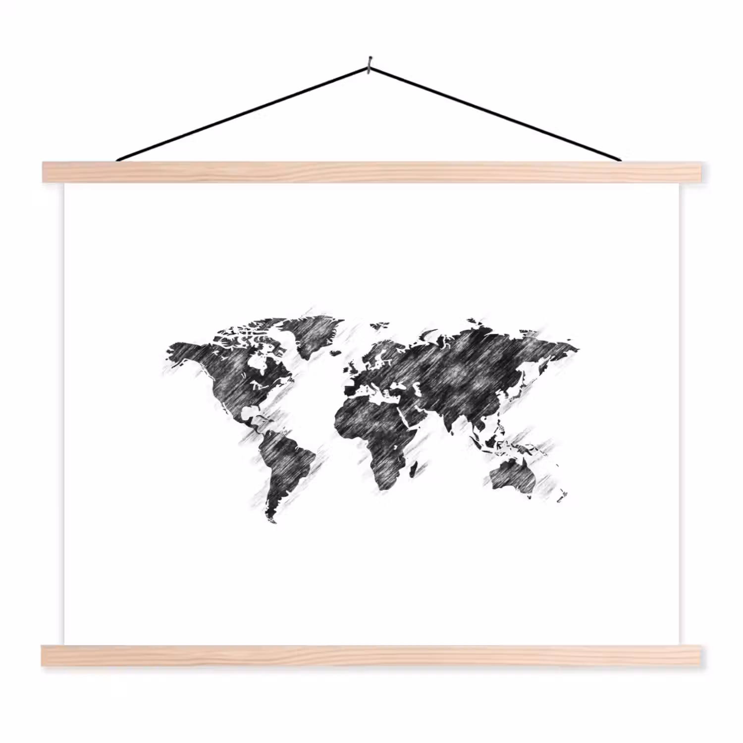 Wereldkaart - Schets - Potlood - Zwart textielposter latten blank klein -3d