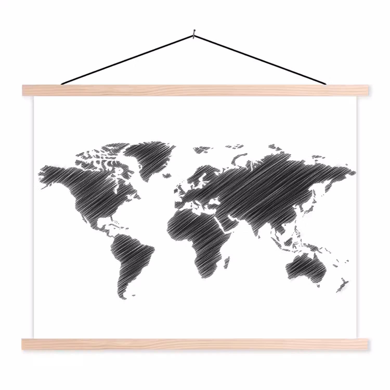 Wereldkaart - Schets - Zwart - Wit textielposter latten blank klein -3d