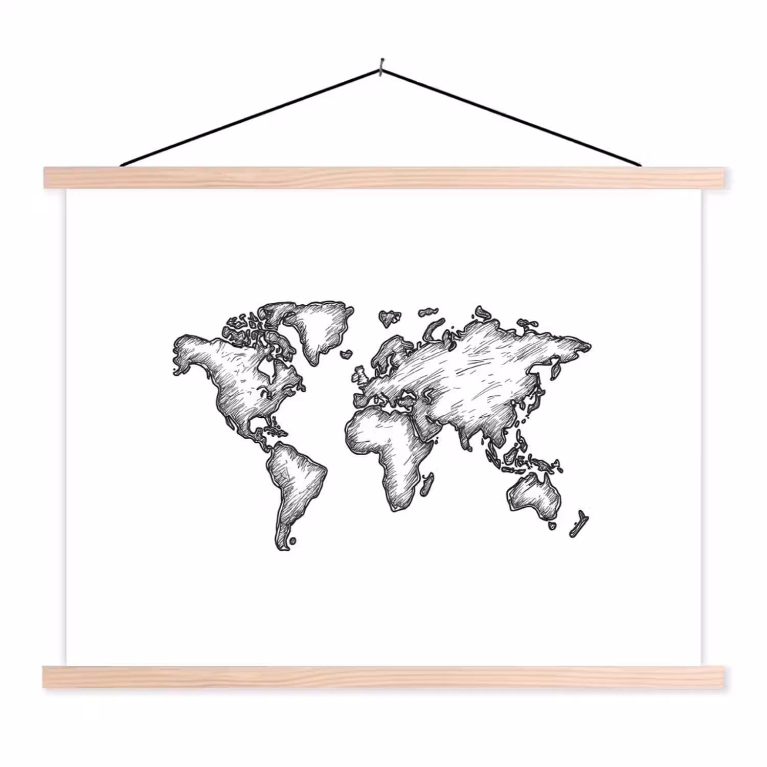 Wereldkaart - Schets - Wit - Zwart textielposter latten blank klein -3d