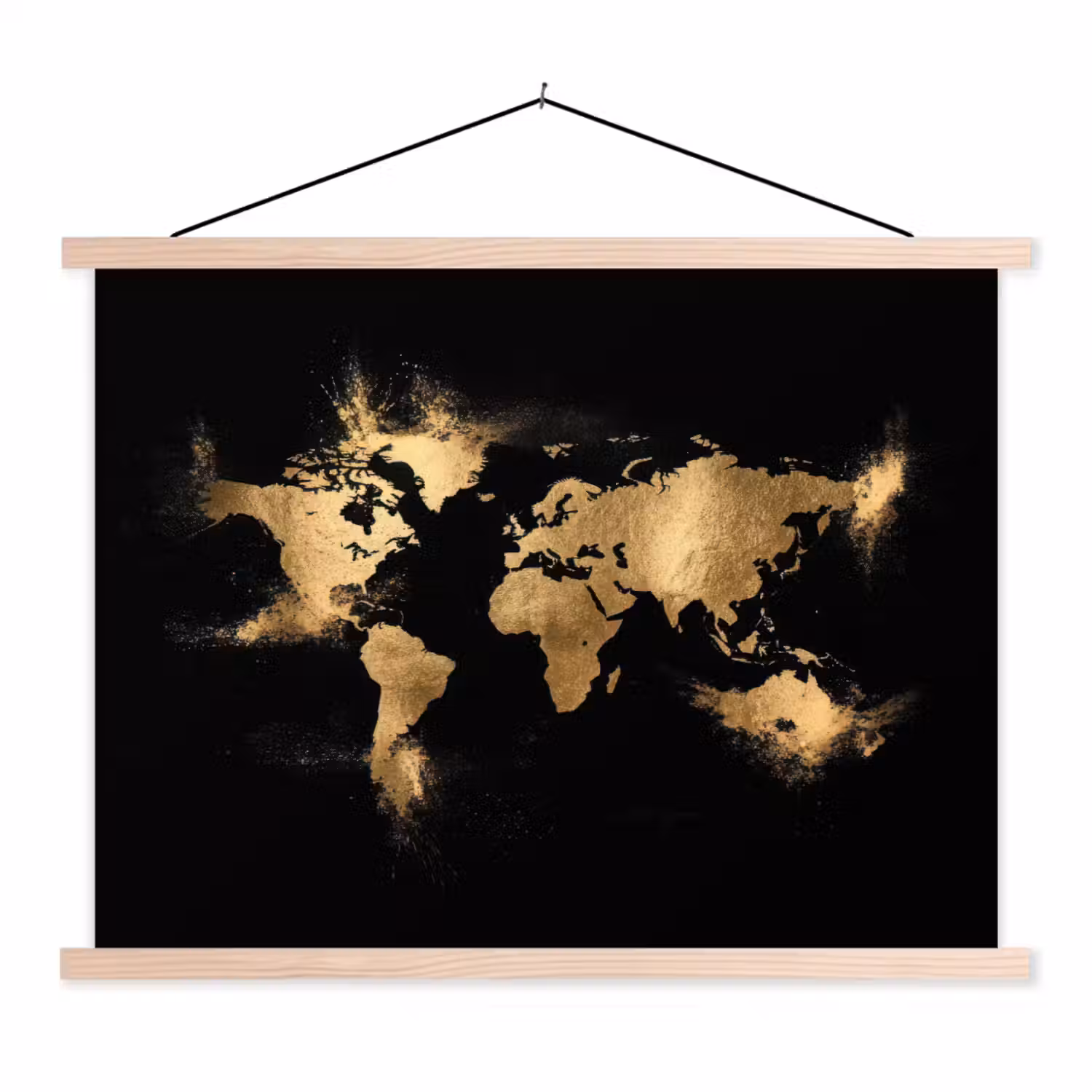 Wereldkaart - Stofexplosies - Gouddeeltjes textielposter latten blank klein -3d