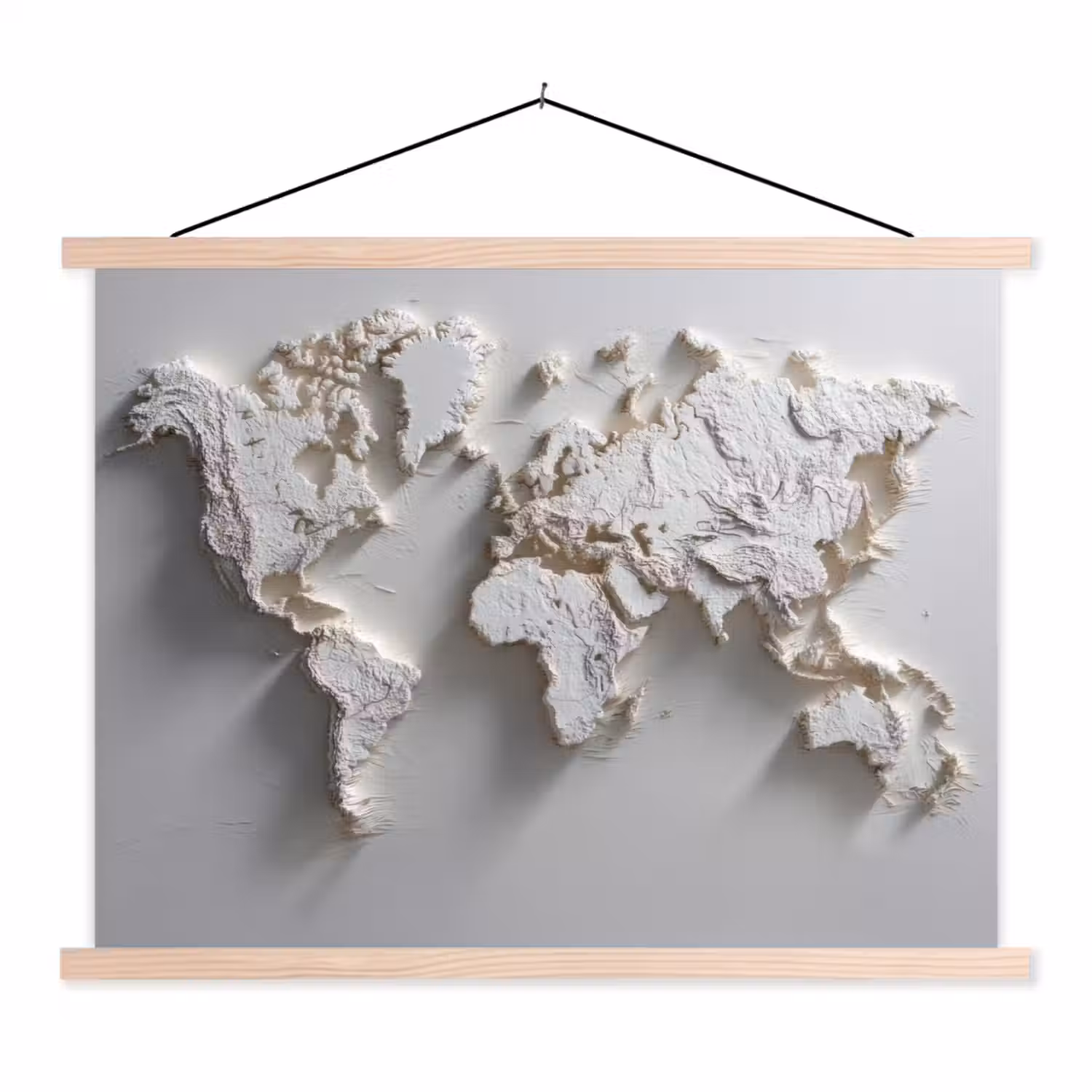Wereldkaart - Subtiel reliëf - Wit textielposter latten blank klein -3d