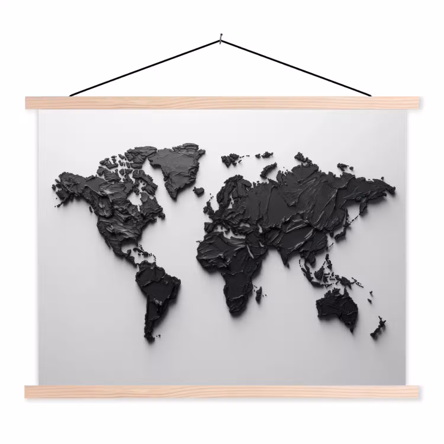 Wereldkaart - Structuur - Zwart textielposter latten blank klein -3d