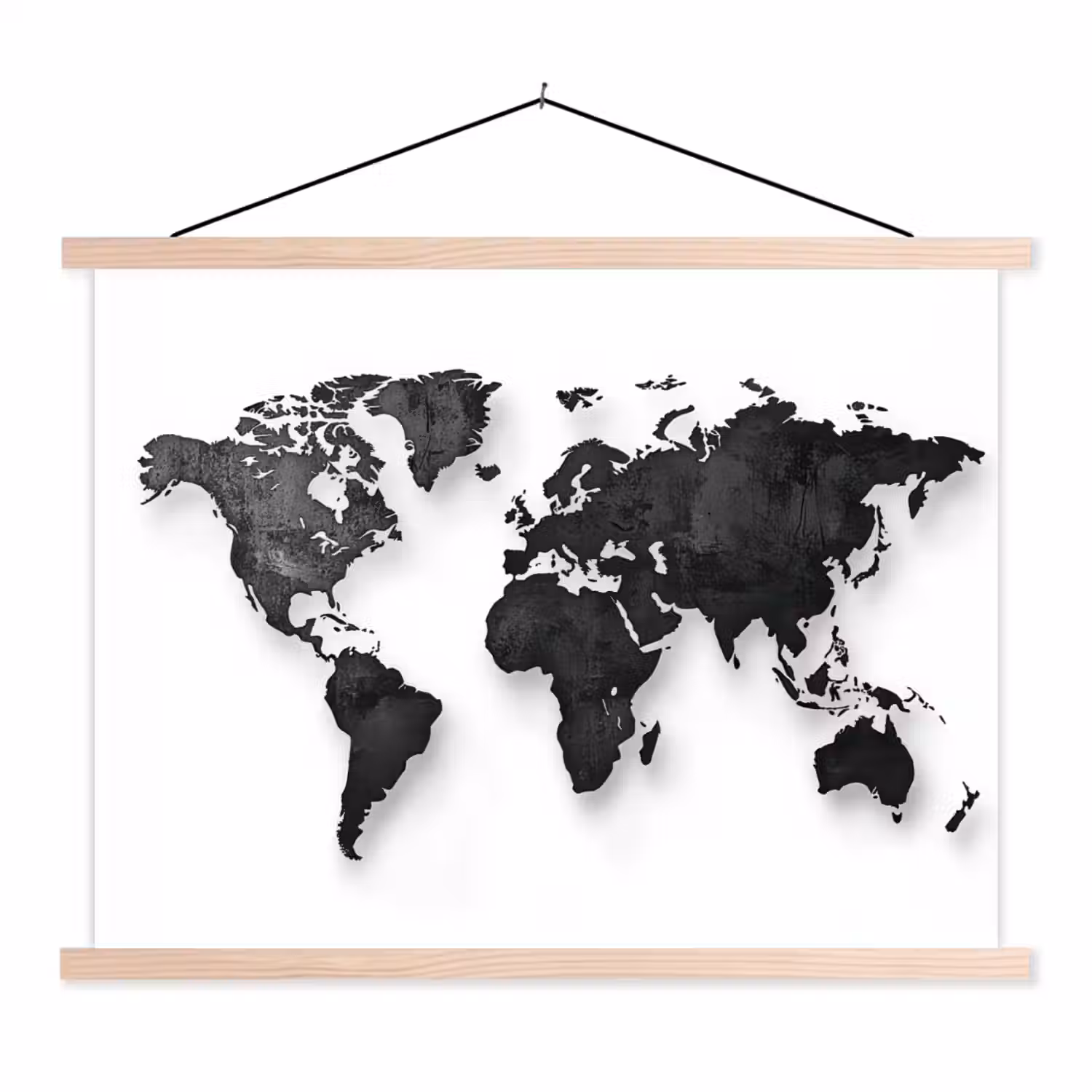 Wereldkaart - Diepte - Zwart textielposter latten blank klein -3d