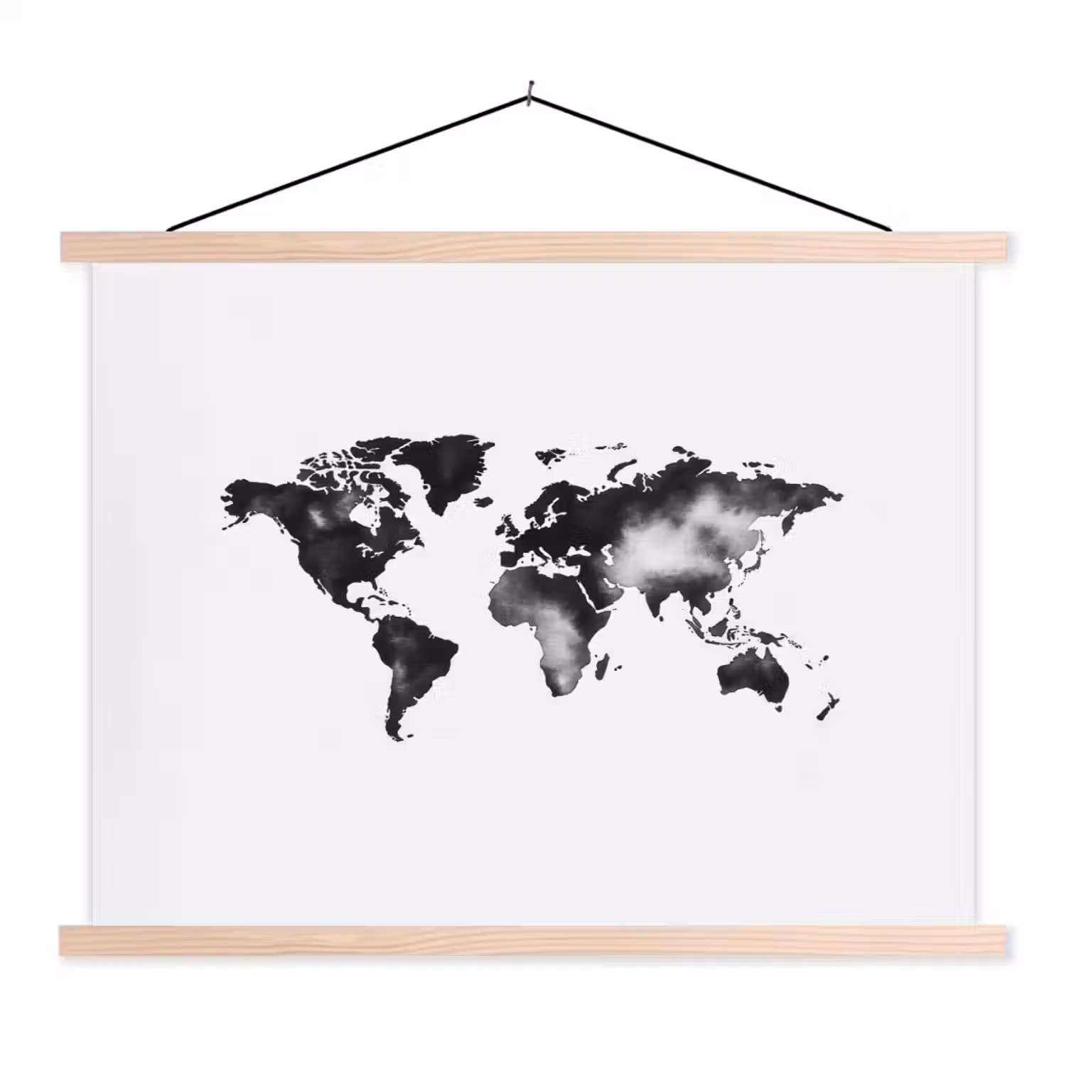 Wereldkaart - Inkt - Zwart textielposter latten blank klein -3d