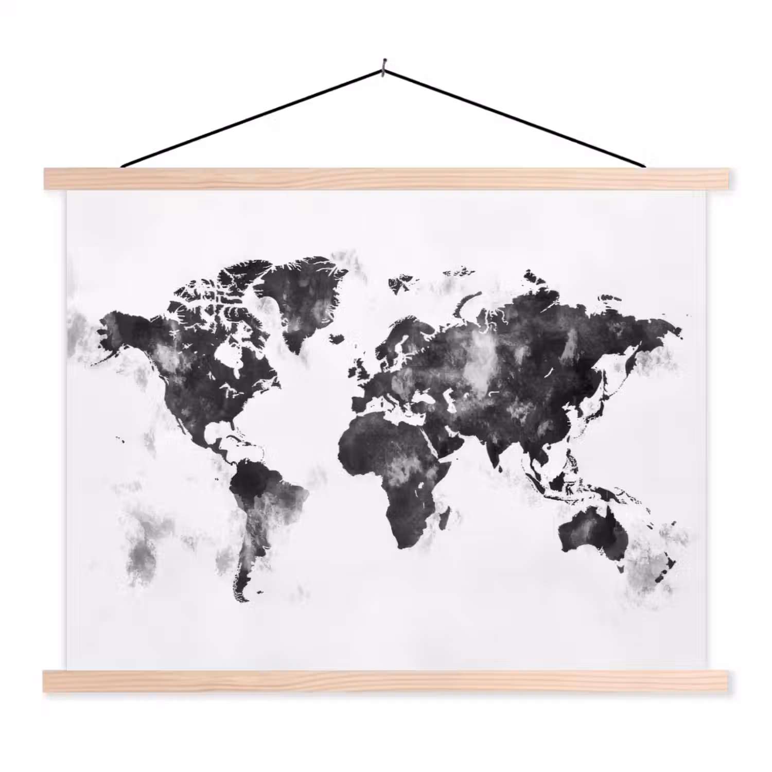Wereldkaart - Inkt - Zwart textielposter latten blank klein -3d
