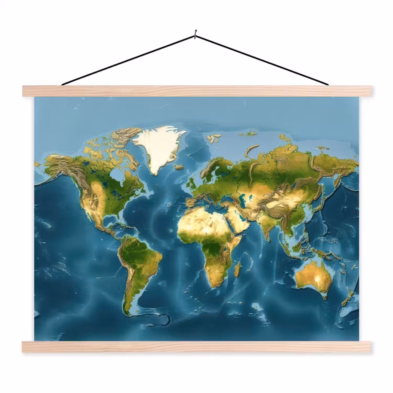 Wereldkaart - Topografisch reliëf textielposter latten blank klein -3d