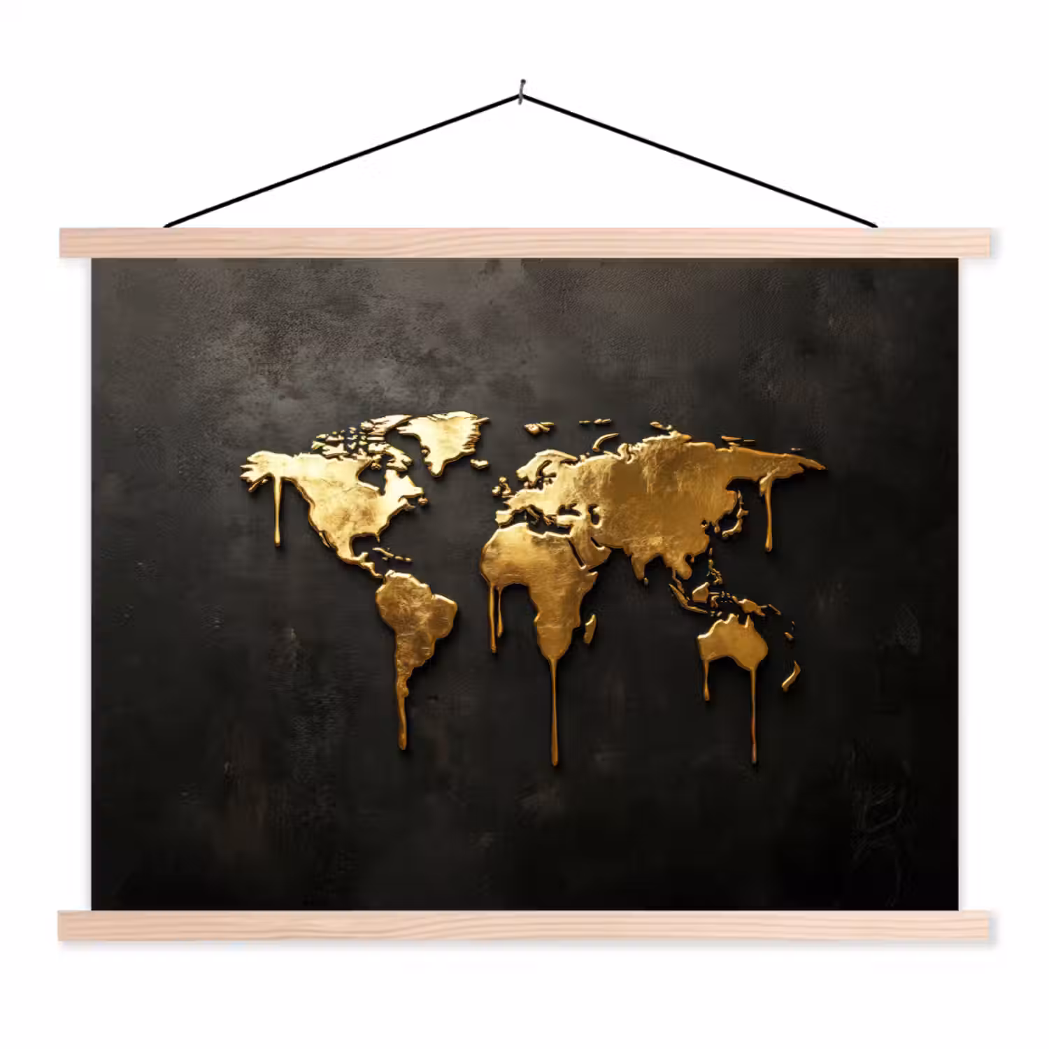 Wereldkaart - Druipende randen - Zwart textielposter latten blank klein -3d