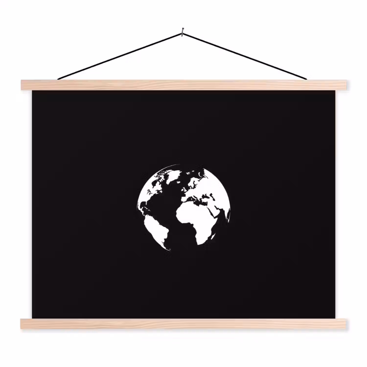 Wereldkaart - Wit - Zwart - Wereldbol textielposter latten blank klein -3d
