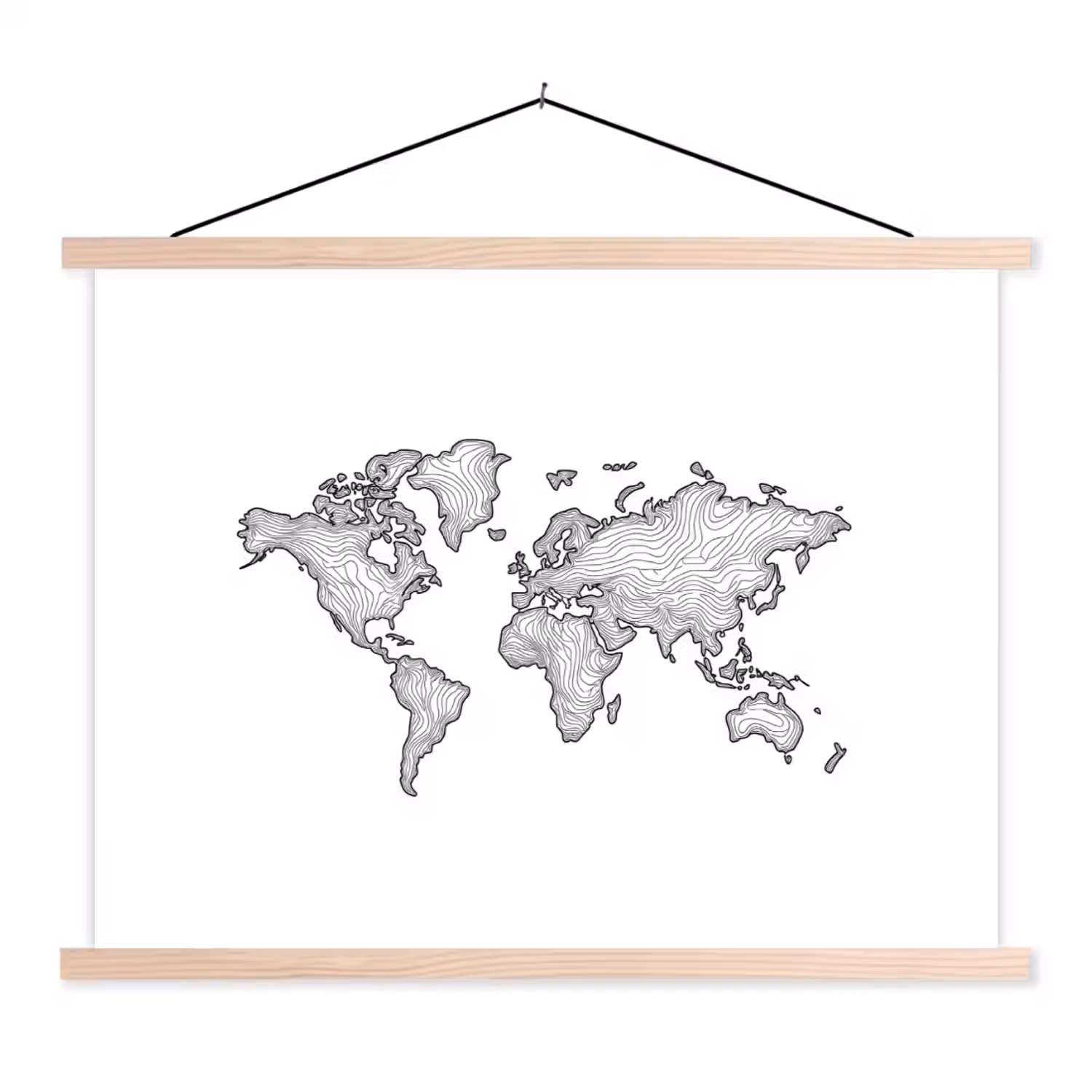 Wereldkaart - Golven - Lijnen textielposter latten blank klein -3d