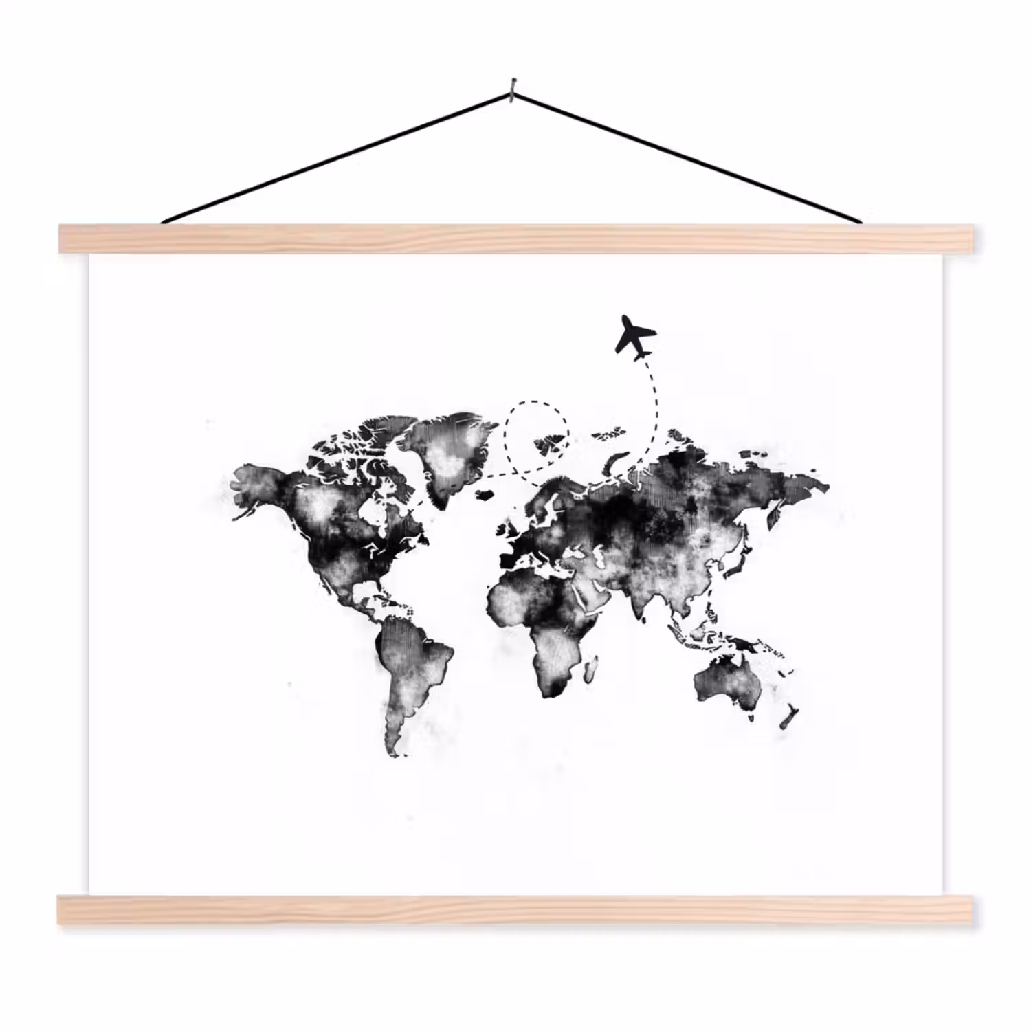 Wereldkaart - Wereldreis - Inkt textielposter latten blank klein -3d