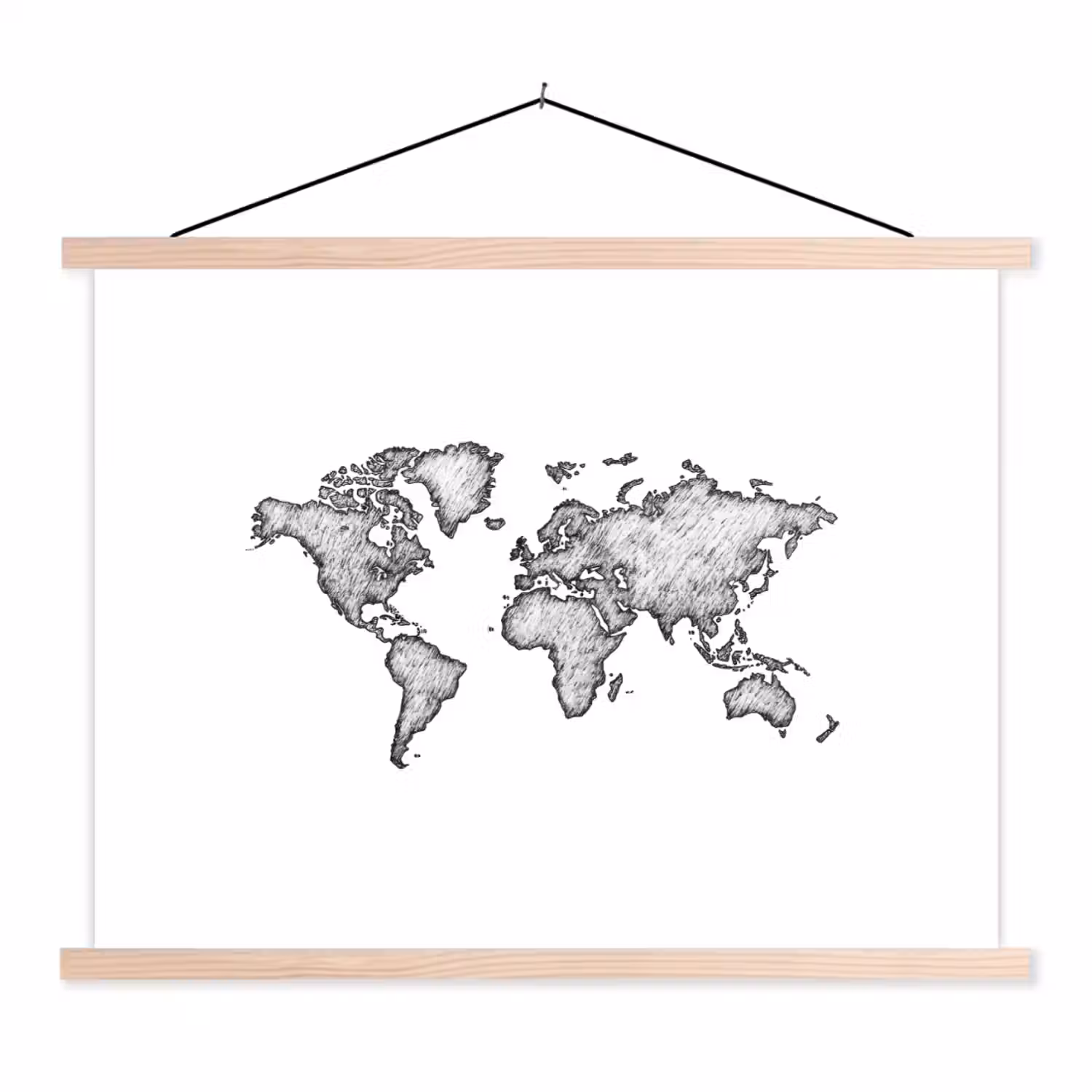 Wereldkaart - Tekening - Zwart - Wit textielposter latten blank klein -3d