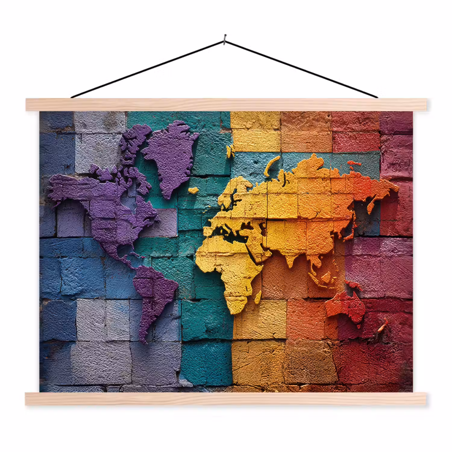Wereldkaart - Bakstenen - Regenboog textielposter latten blank klein -3d