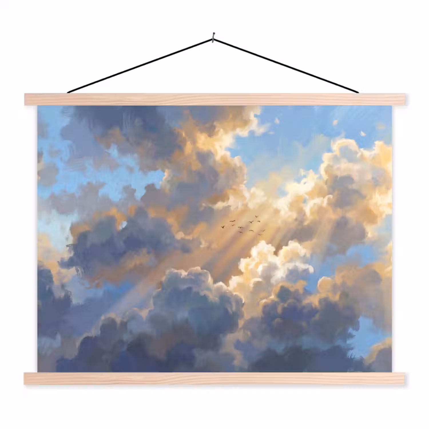Wolken - Zonnestralen - Natuur - Abstract - Blauw textielposter latten blank klein -3d