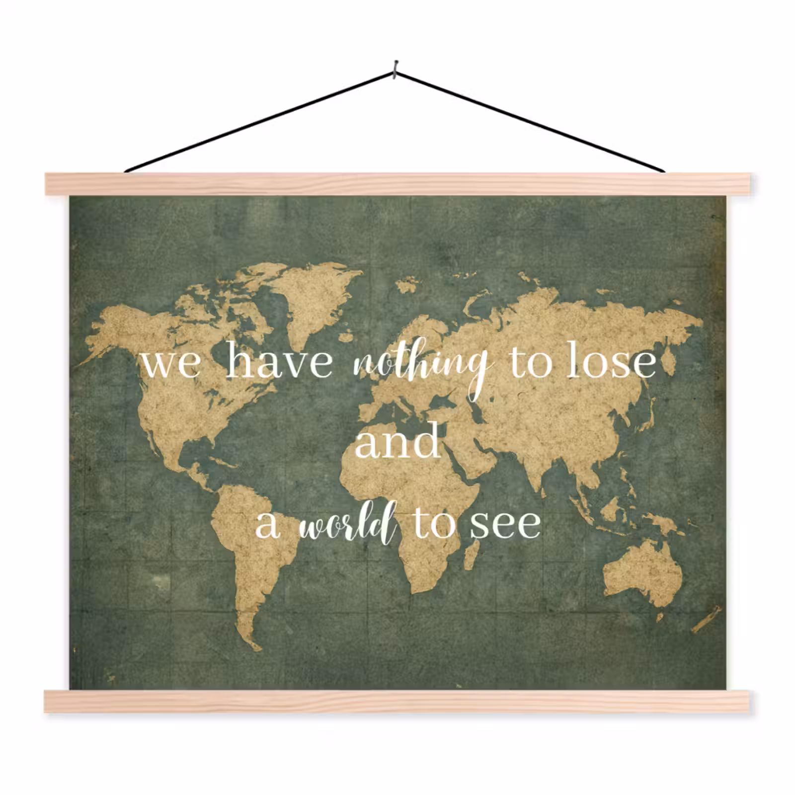 Quote - Vintage - Wereldkaart - Oud textielposter latten blank klein -3d