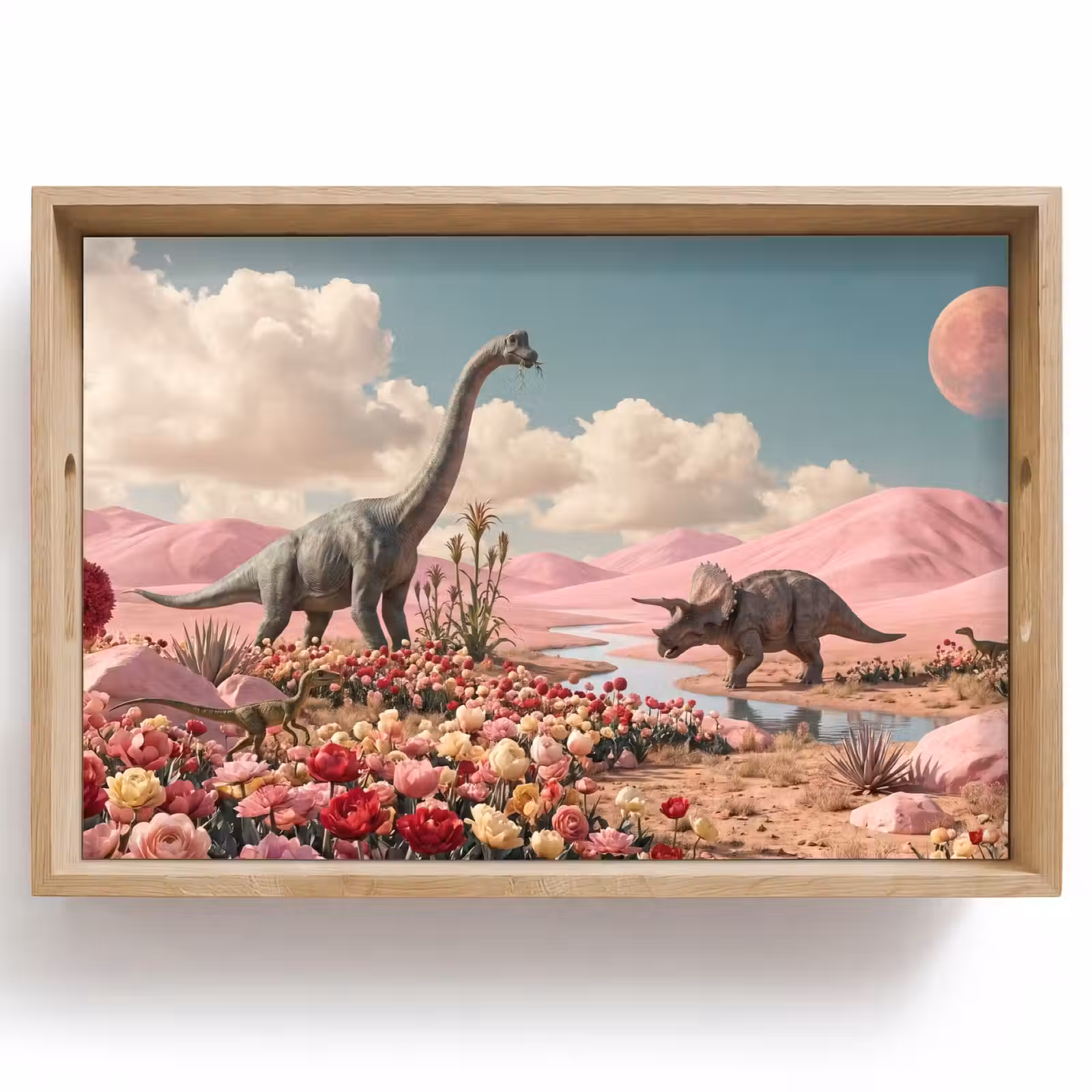 Tablett - Dinosaurier – Rosa – Landschaft - Dinosaurus - Roze - Landschap Dienblad Rechthoek middel