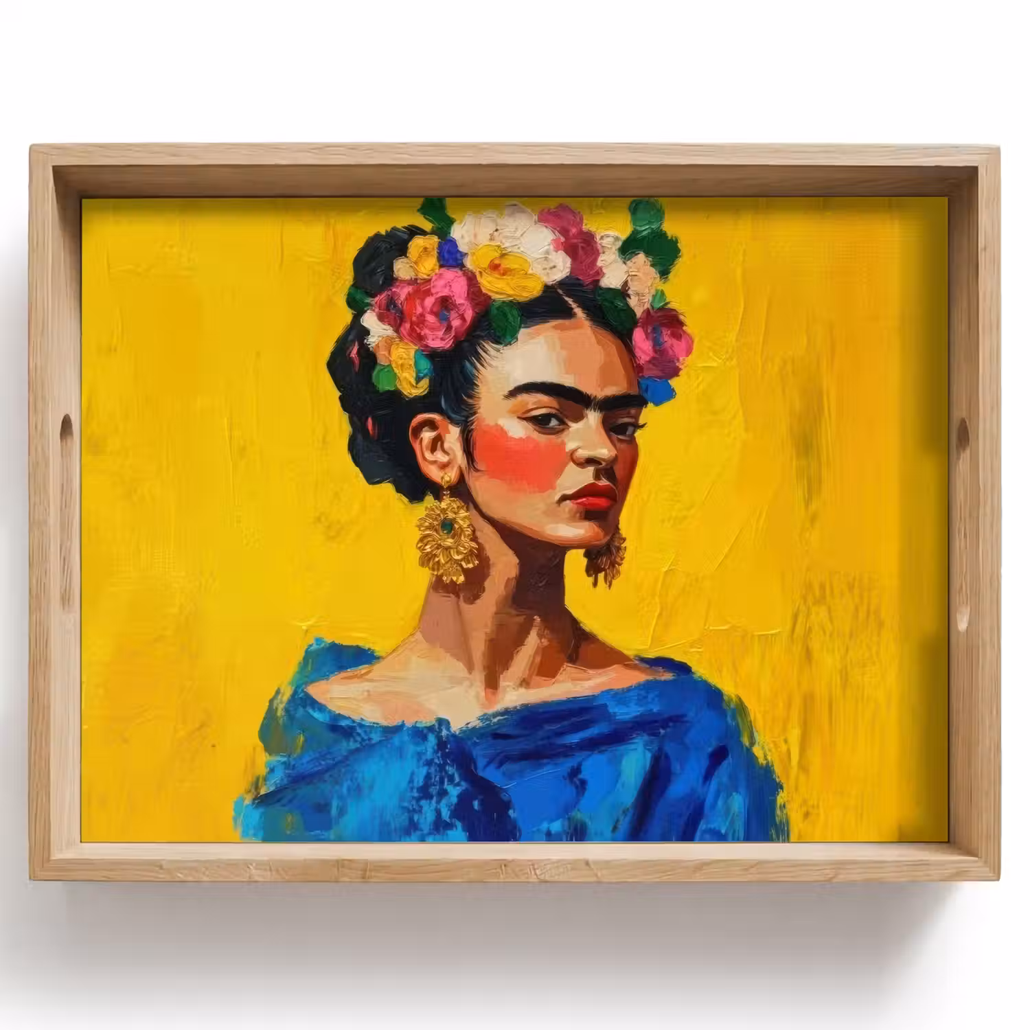 Frida Kahlo - Vrouw - Geel - Blauw - Bloemen Dienblad Rechthoek middel -z3d_shopping