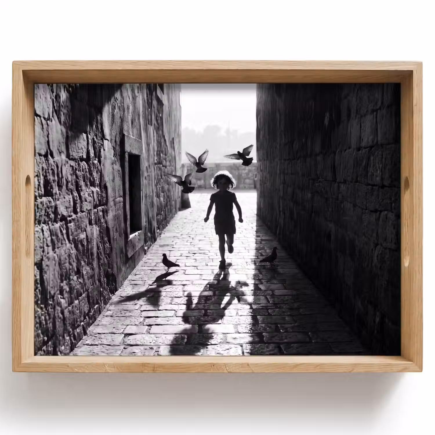 Kind - Vogel - Straat - Zwart-wit - Spelen Dienblad Rechthoek middel -z3d_shopping