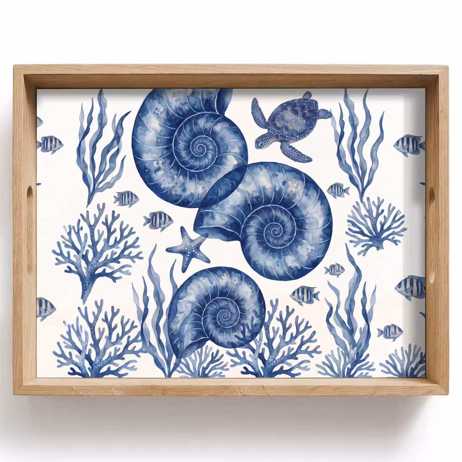 Schelp - Spiraal - Zeeleven - Aquarel - Blauw Dienblad Rechthoek middel -z3d_shopping