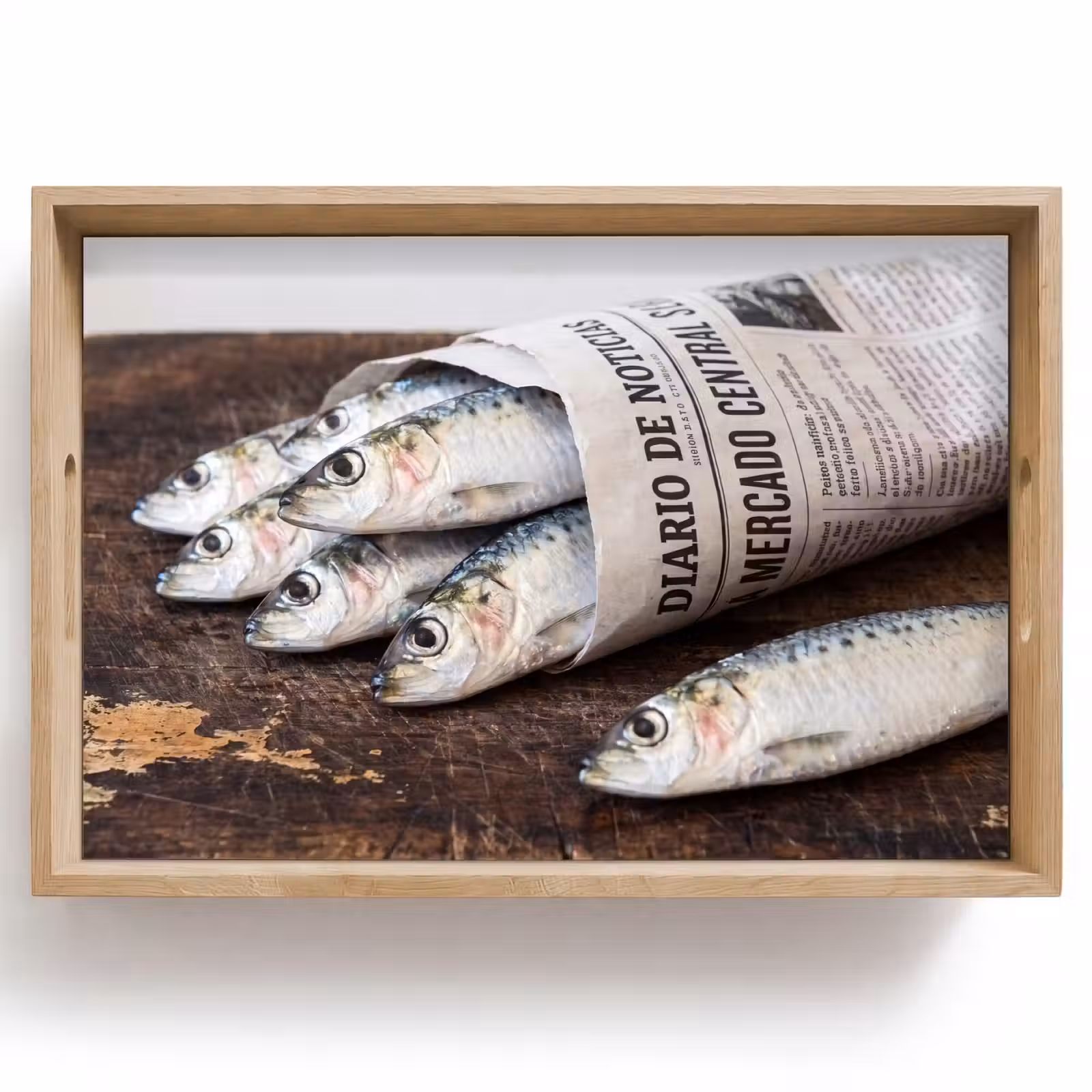 Tablett - Sardine – Zeitung – Schneidebrett - Sardientje - krant - snijplank Dienblad Rechthoek middel