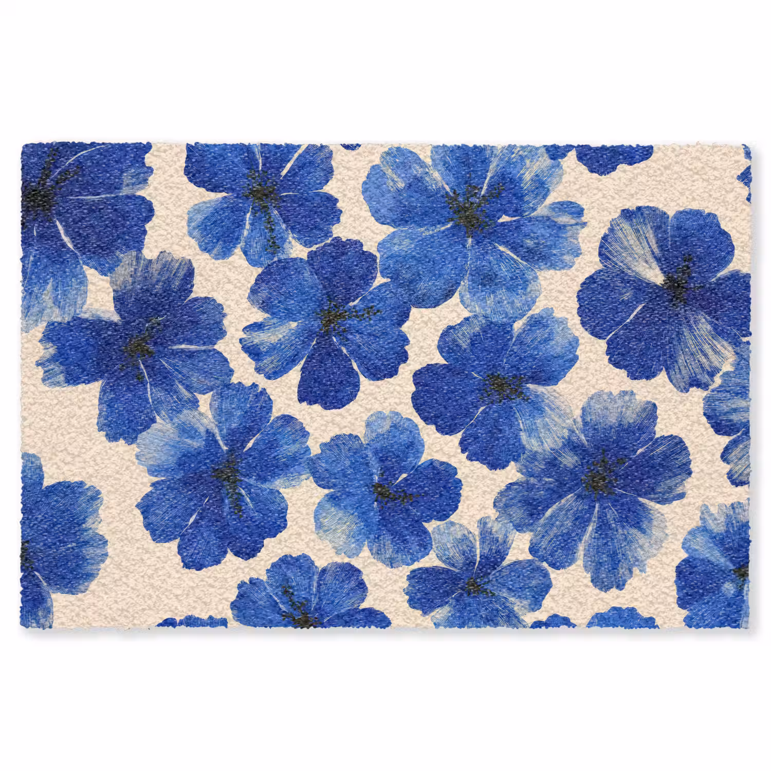 Bloemen - Blauw -Patroon - Wit Vloerkleed Rechthoek klein -3d