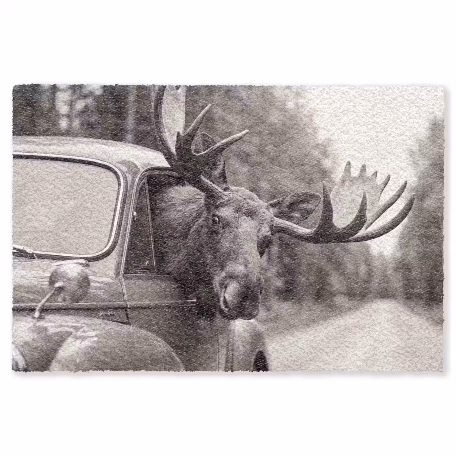 Eland - Auto - Gewei - Zwart - Wit Vloerkleed Rechthoek klein -3d