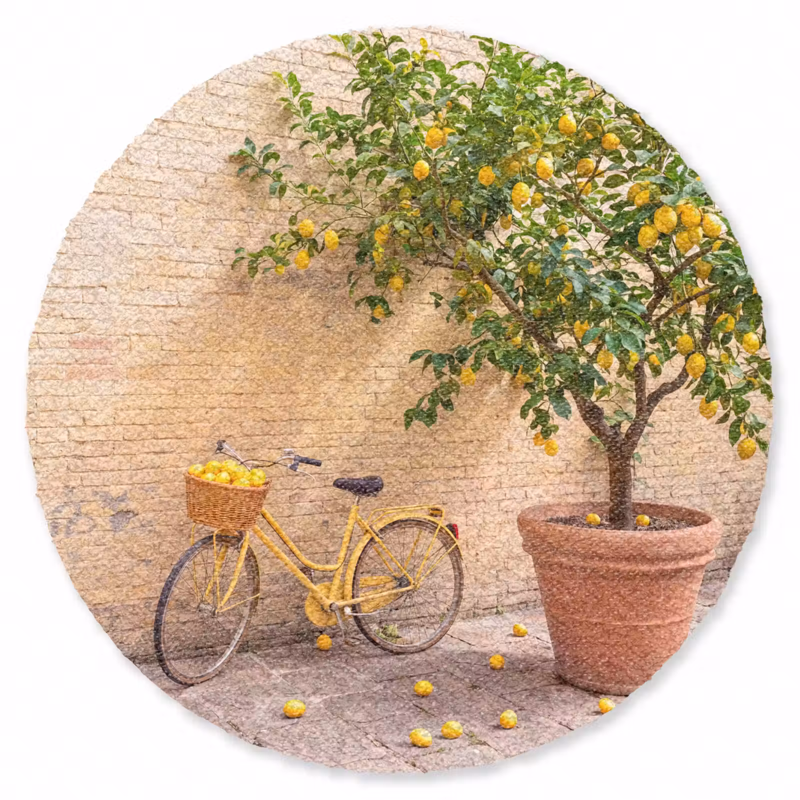 Teppich - Fahrrad – Korb – Essen – Gelb – Sommer - Fiets - Mand - Eten - Geel - Zomer Vloerkleed Rond klein