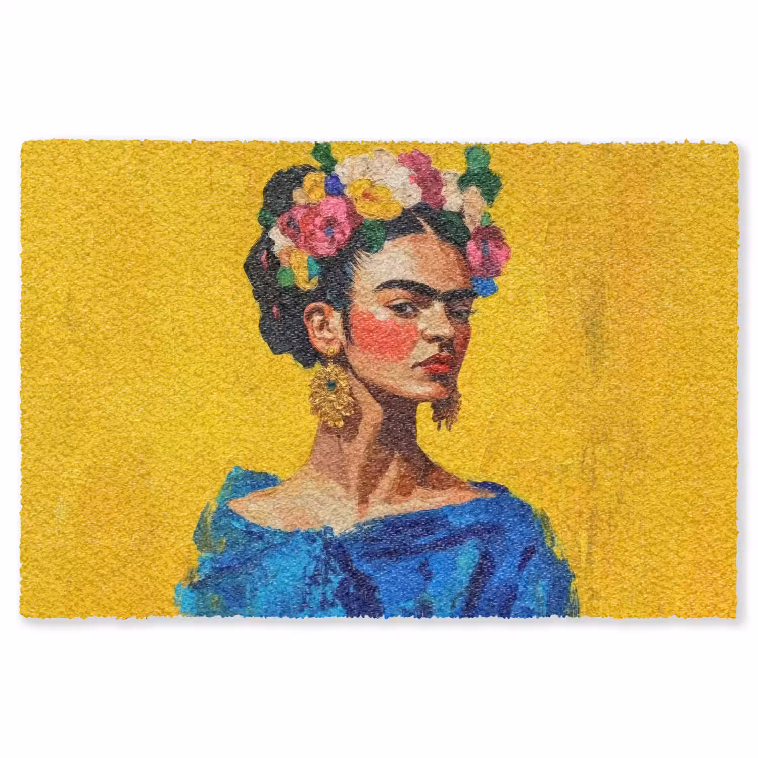 Frida Kahlo - Vrouw - Geel - Blauw - Bloemen Vloerkleed Rechthoek klein -3d