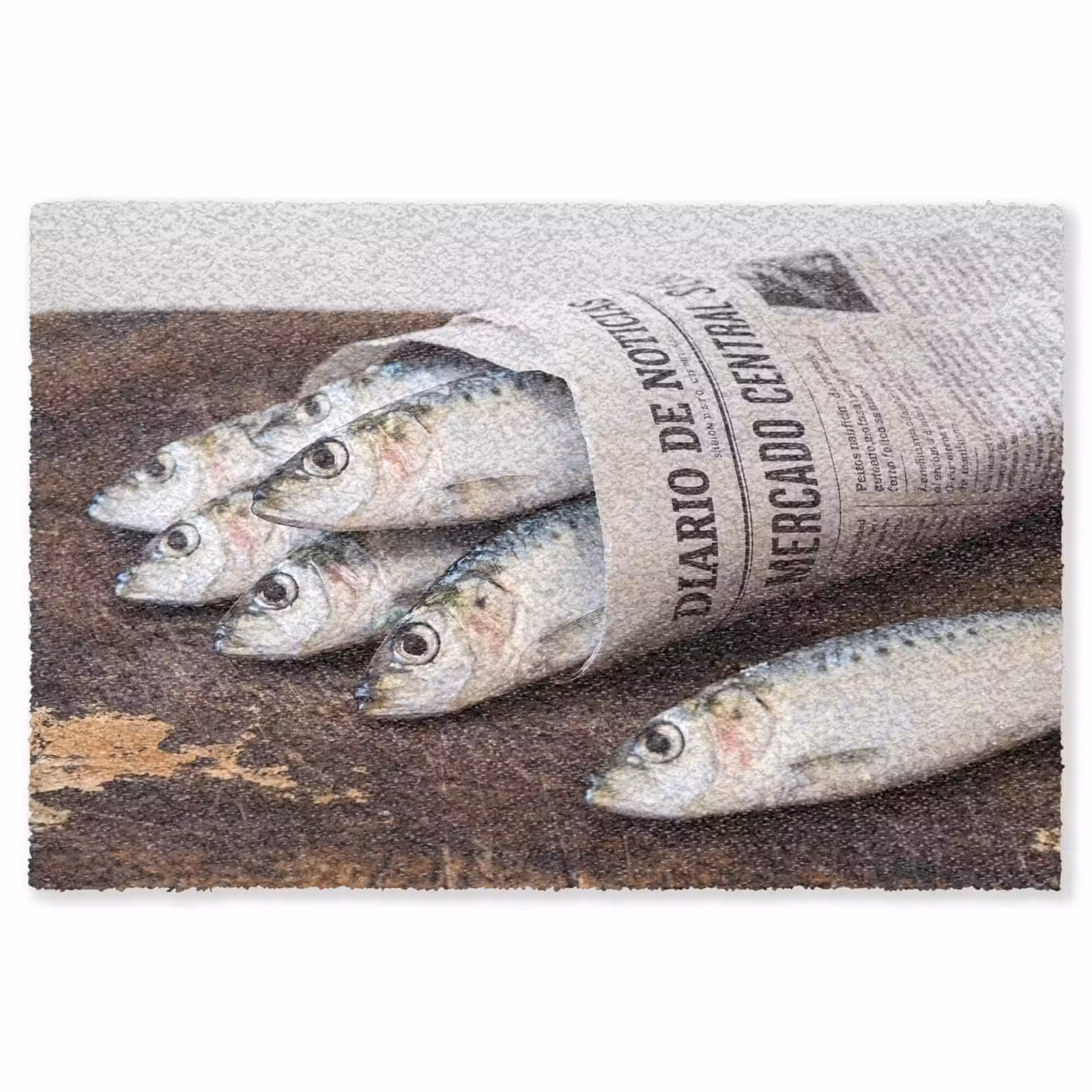 Teppich - Sardine – Zeitung – Schneidebrett - Sardientje - krant - snijplank Vloerkleed Rechthoek klein