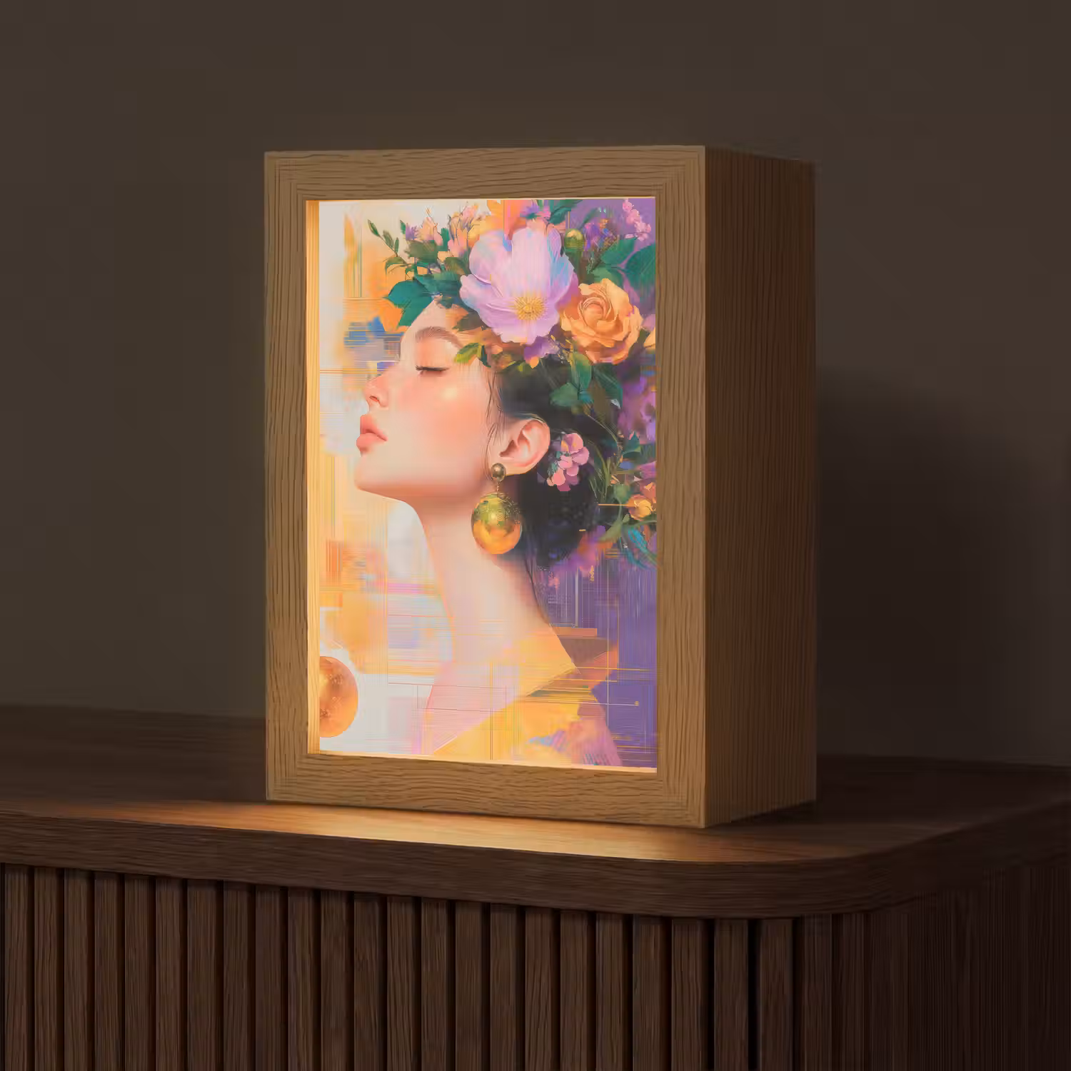 Abstract - Vrouw - Bloemenkroon - Goud Light Box met kabel (Tafellamp) klein -z3d_website