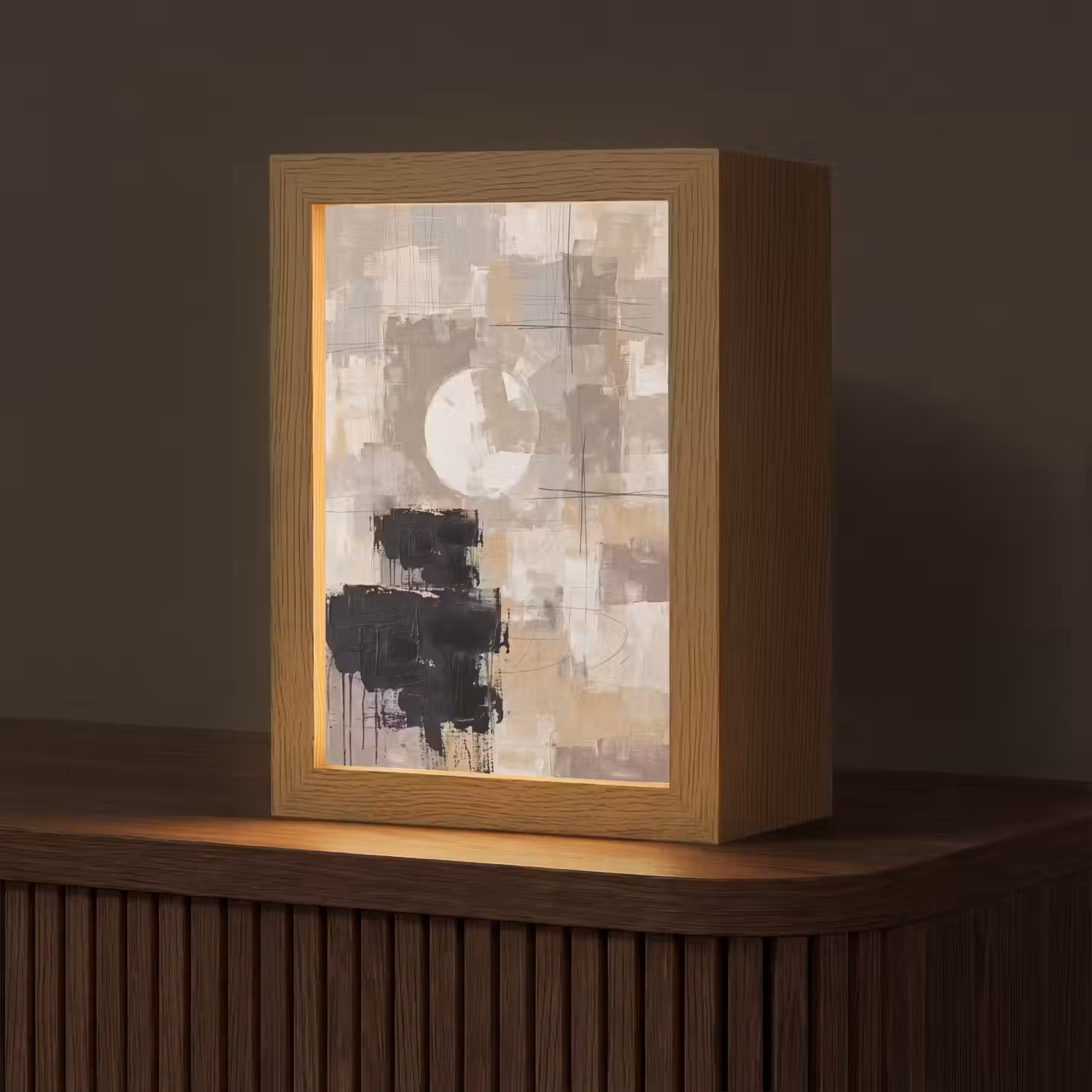Abstract - Cirkel - Modern - Beige - Zwart - Minimalistisch Light Box met kabel (Tafellamp) klein -z3d_website