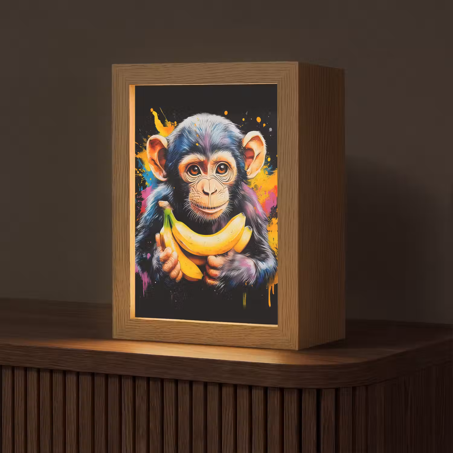 Aap - Graffiti - Kleurrijk - Bananen - Modern Light Box met kabel (Tafellamp) klein -z3d_website