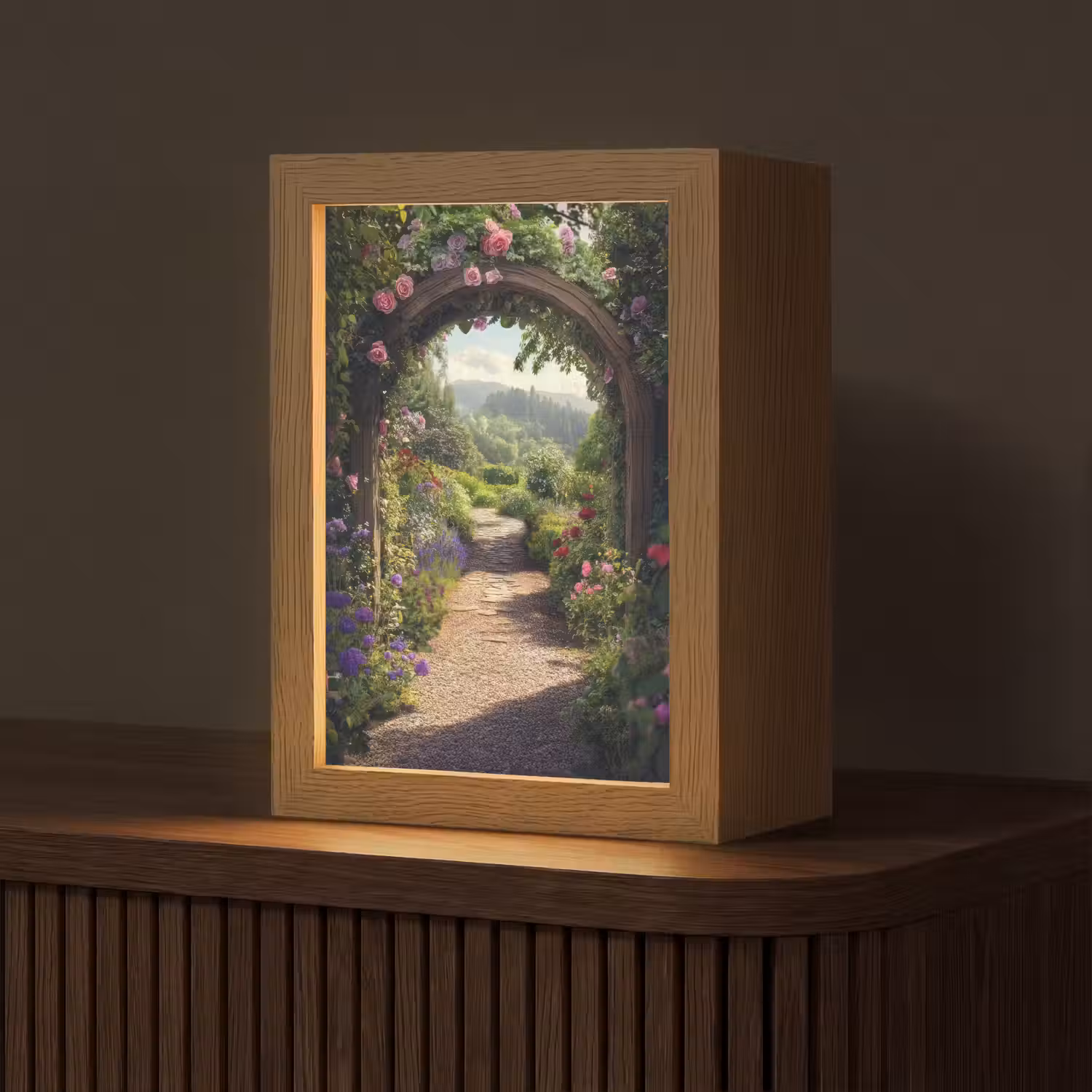 Doorkijk - Landschap - Bloemen - Rozenboog - Natuur Light Box met kabel (Tafellamp) klein -z3d_website