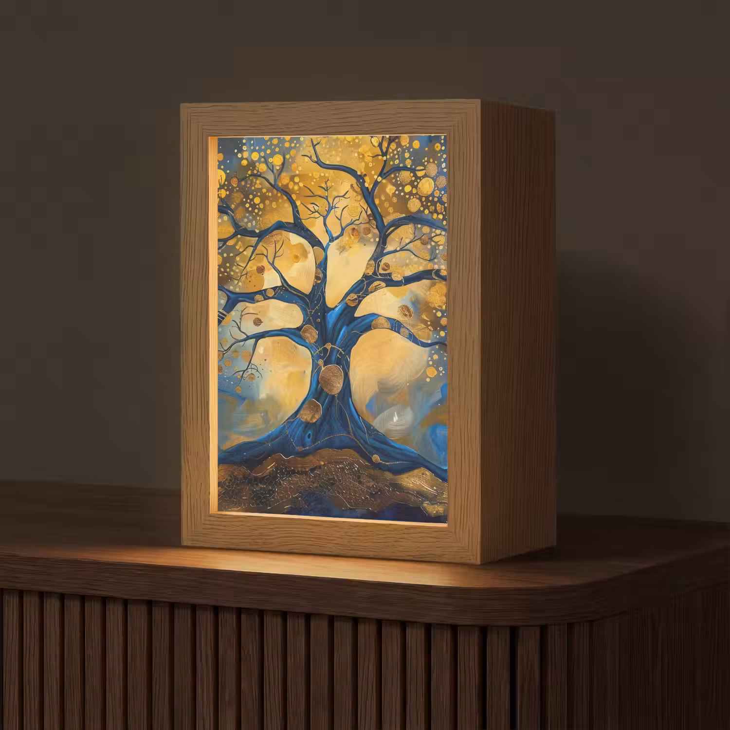Boom - Levensboom - Blauw - Goud Light Box met kabel (Tafellamp) klein -z3d_website