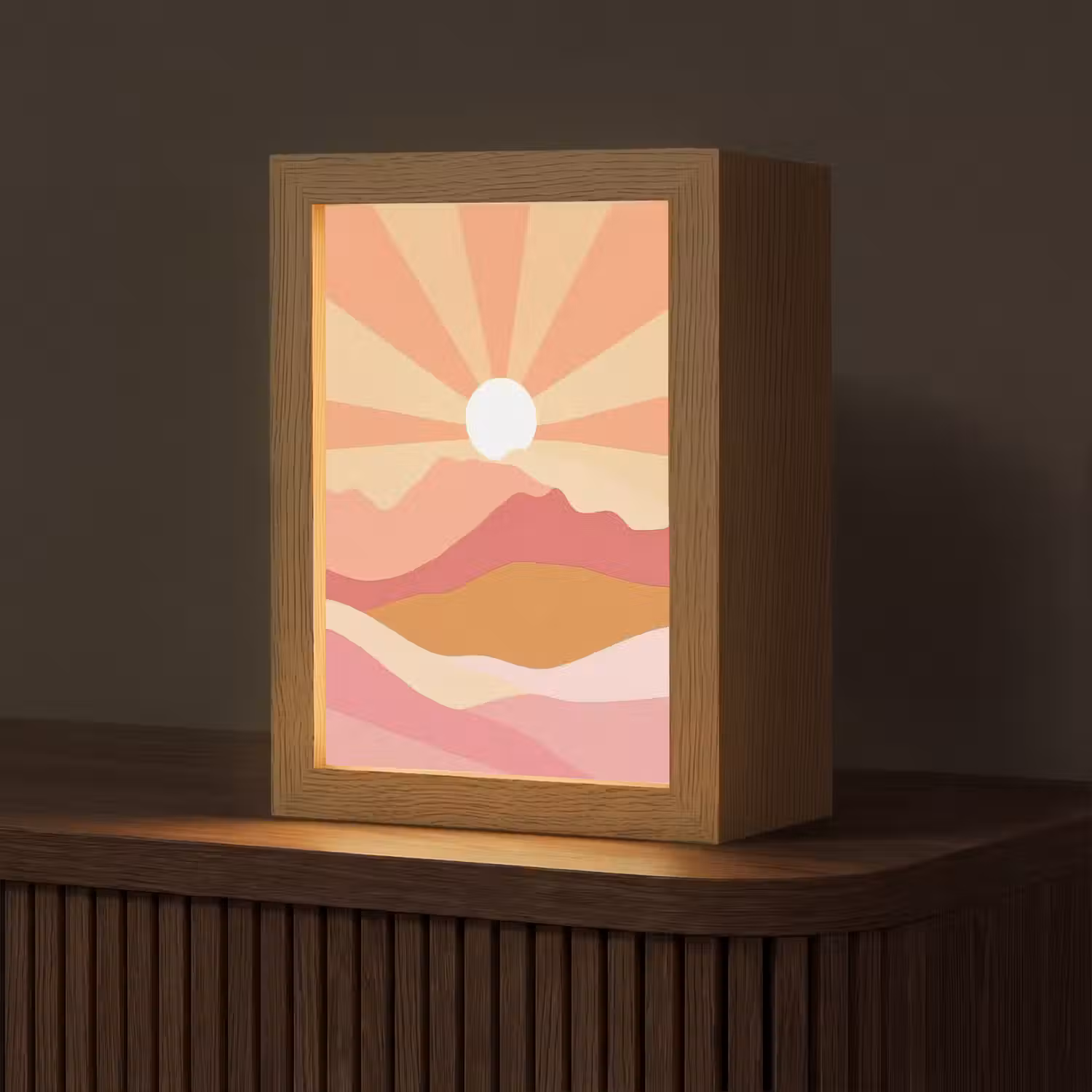 Bergen - Abstract - Zonnestralen - Roze Light Box met kabel (Tafellamp) klein -z3d_website