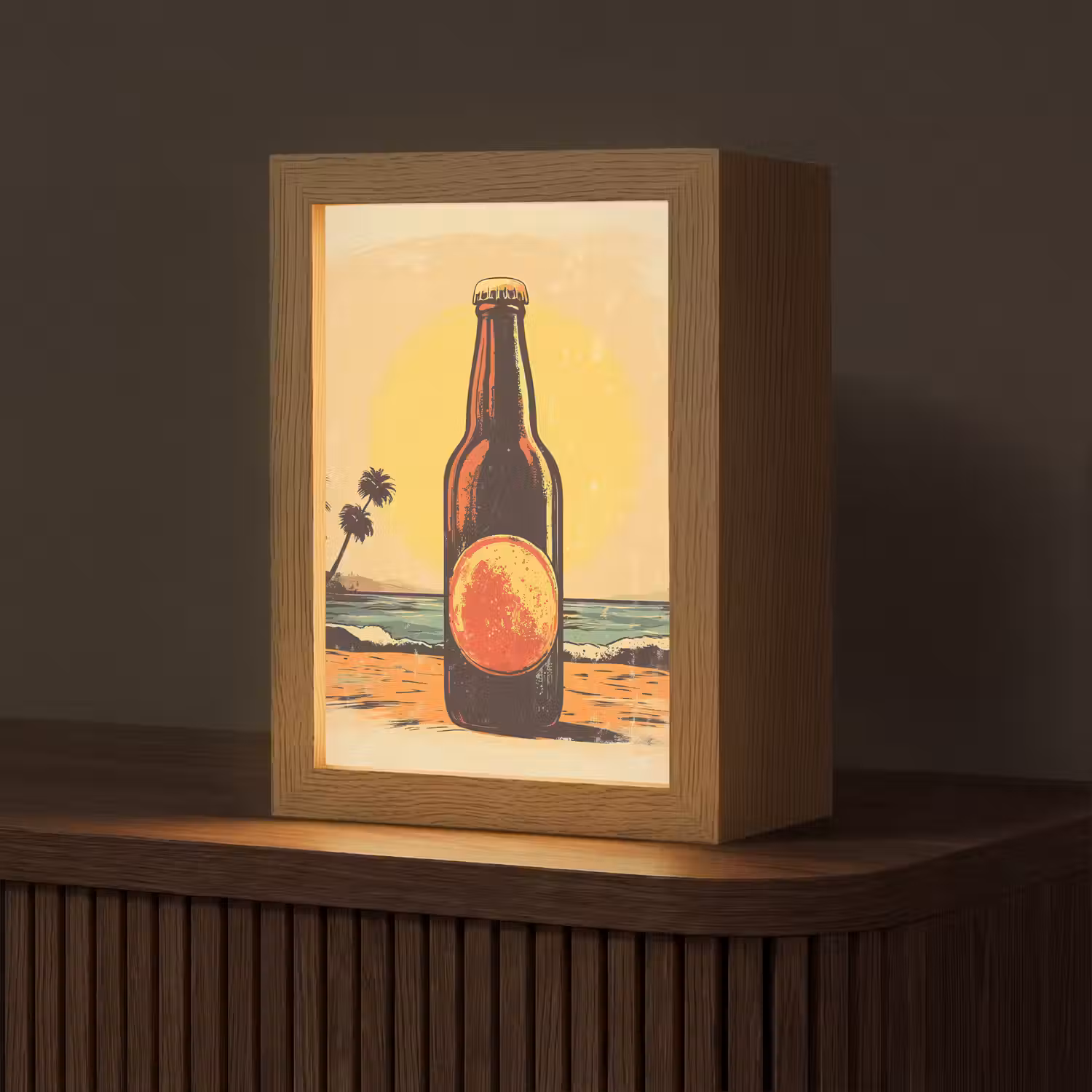 Bierfles - Zonsondergang - Palmbomen - Zee Light Box met kabel (Tafellamp) klein -z3d_website