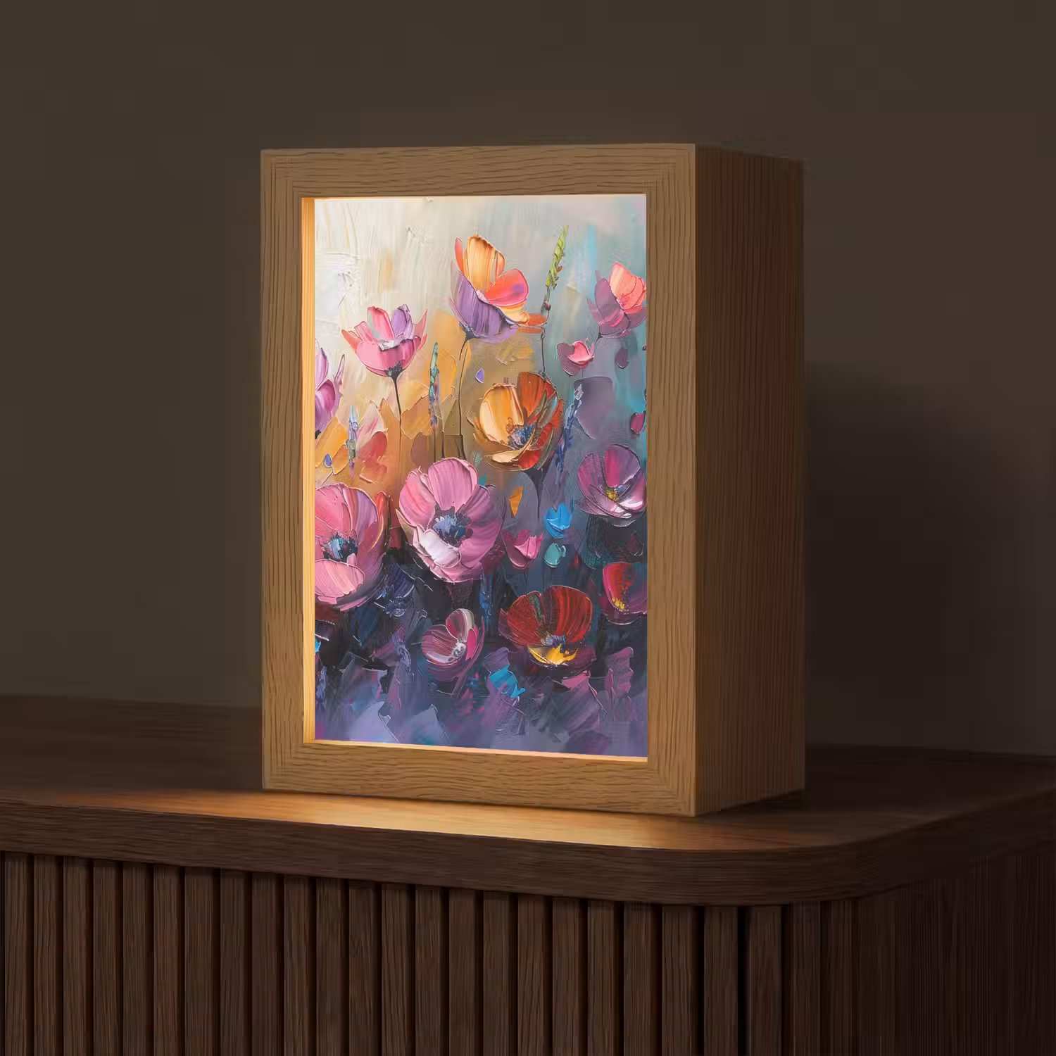 Bloemen - Paars - Kleurrijk - Handgeschilderd - Kunst Light Box met kabel (Tafellamp) klein -z3d_website