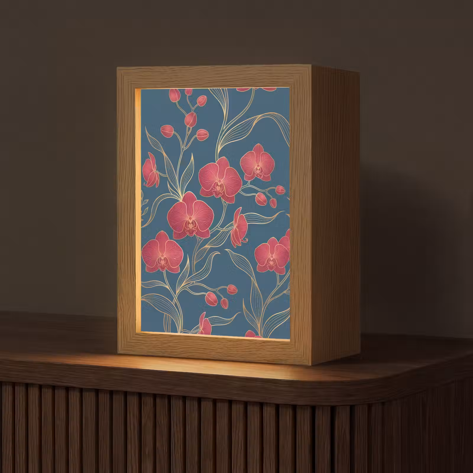 Tischlampe - Blumen – Rot – Gold - Bloemen - Rood - Goud Light Box met kabel (Tafellamp) klein
