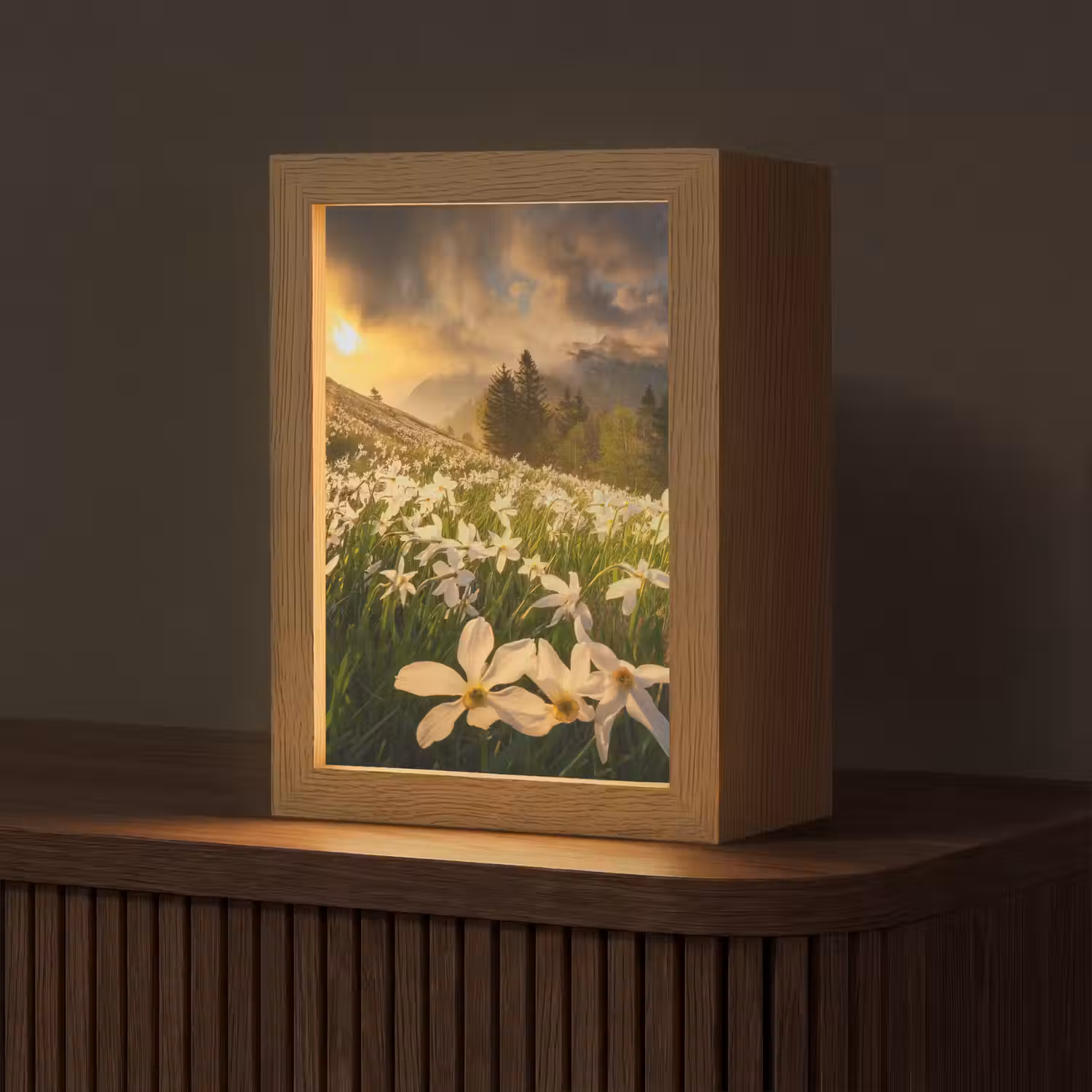 Bloemenveld - Heuvels - Zonsondergang - Berg - Natuur - Wit - Heuvels Light Box met kabel (Tafellamp) klein -z3d_website