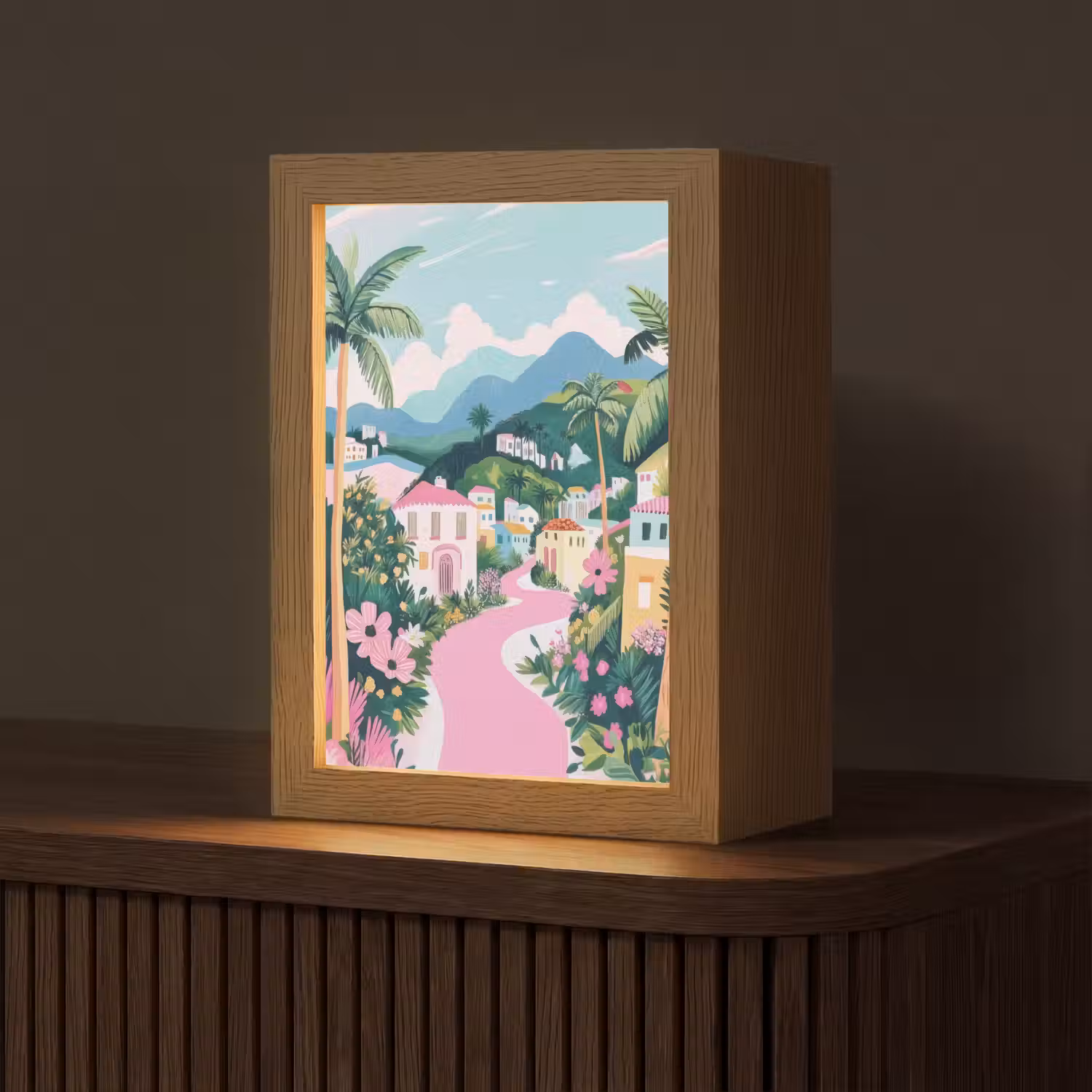 Kleurrijk - Huizen - Heuvels - Roze Light Box met kabel (Tafellamp) klein -z3d_website