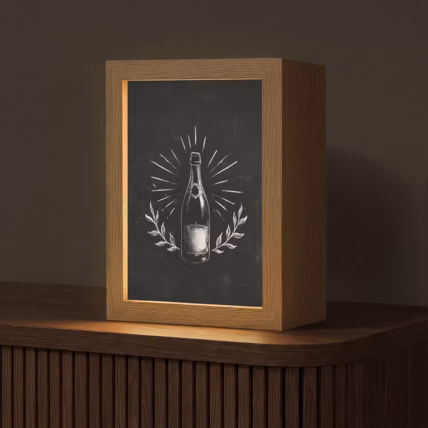 Champagnefles - Lauriertakken - Zwarte achtergrond Light Box met kabel (Tafellamp) klein -z3d_website