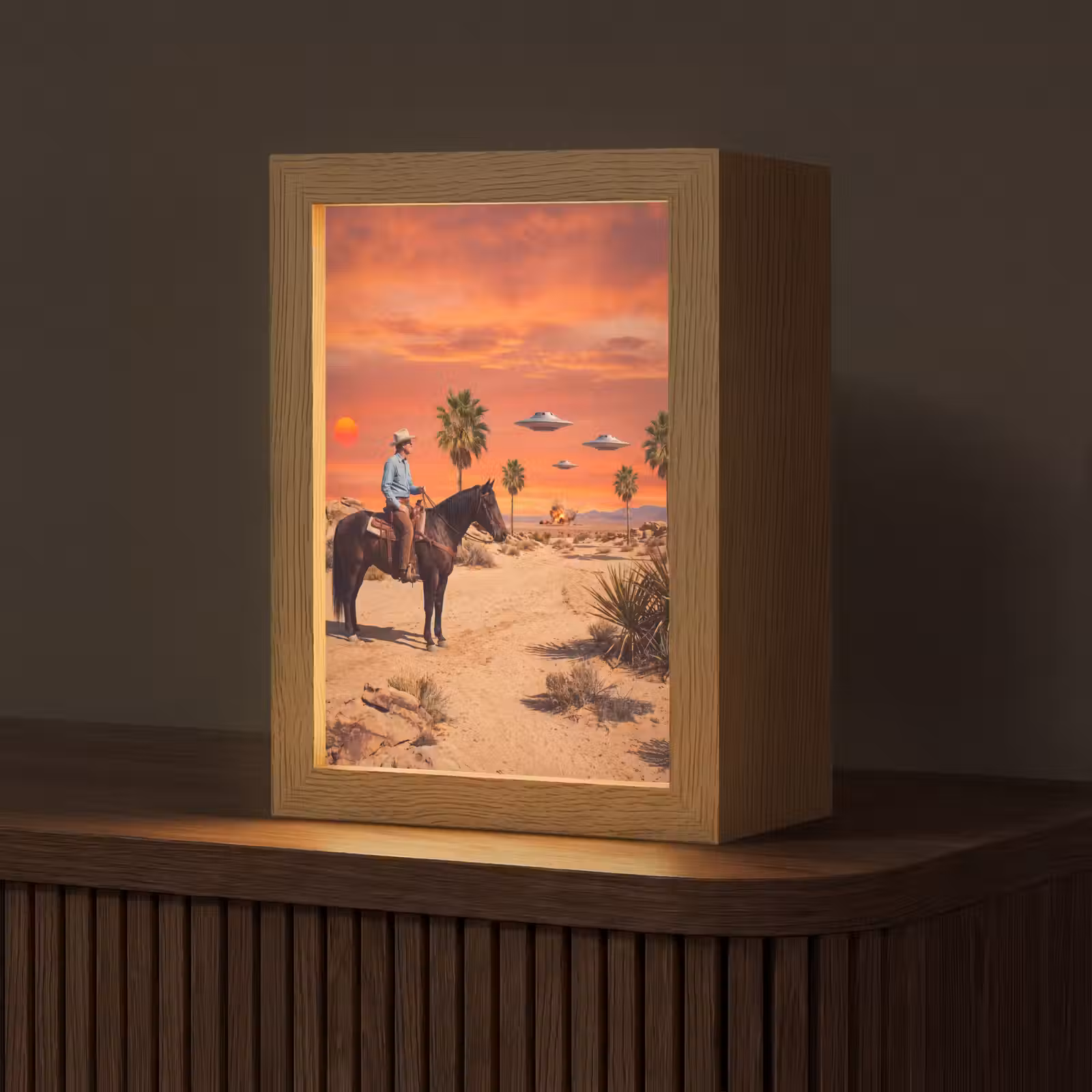 Tischlampe - Cowboy – Pferd – Wüste - Cowboy - Paard - Woestijn Light Box met kabel (Tafellamp) klein