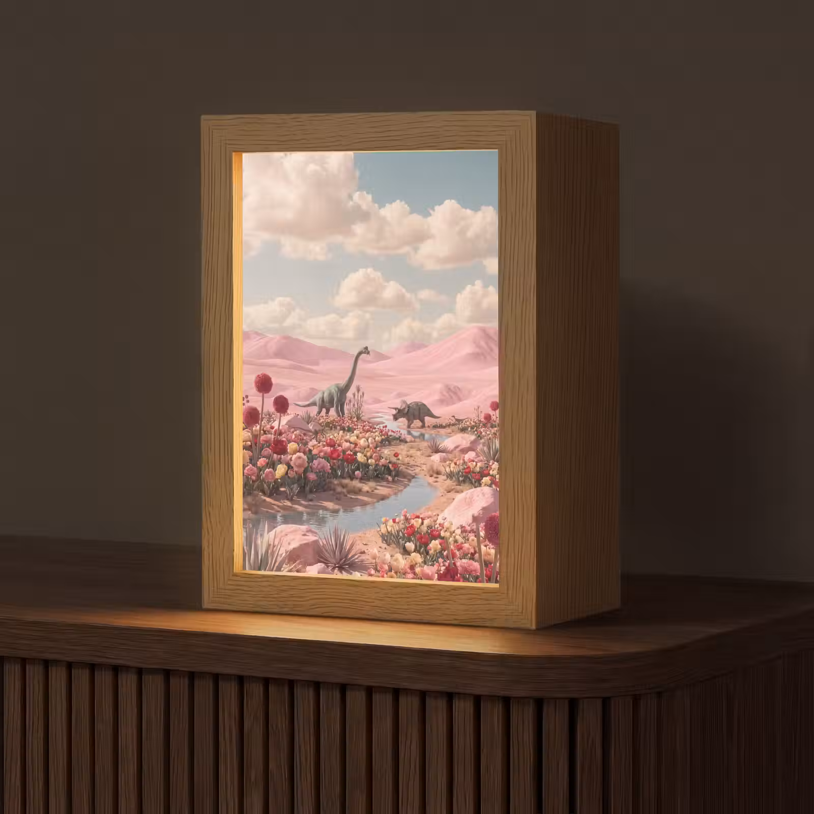 Tischlampe - Dinosaurier – Rosa – Landschaft - Dinosaurus - Roze - Landschap Light Box met kabel (Tafellamp) klein