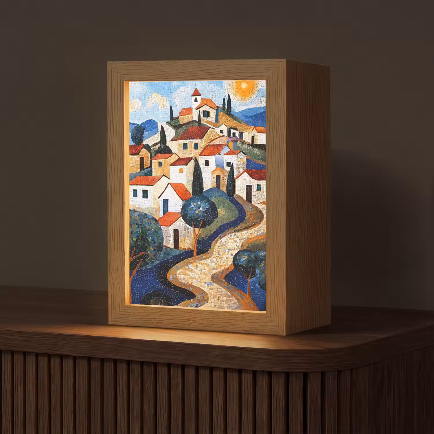 Dorp - Heuvelachtig - Zon - Mozaïek Light Box met kabel (Tafellamp) klein -z3d_website