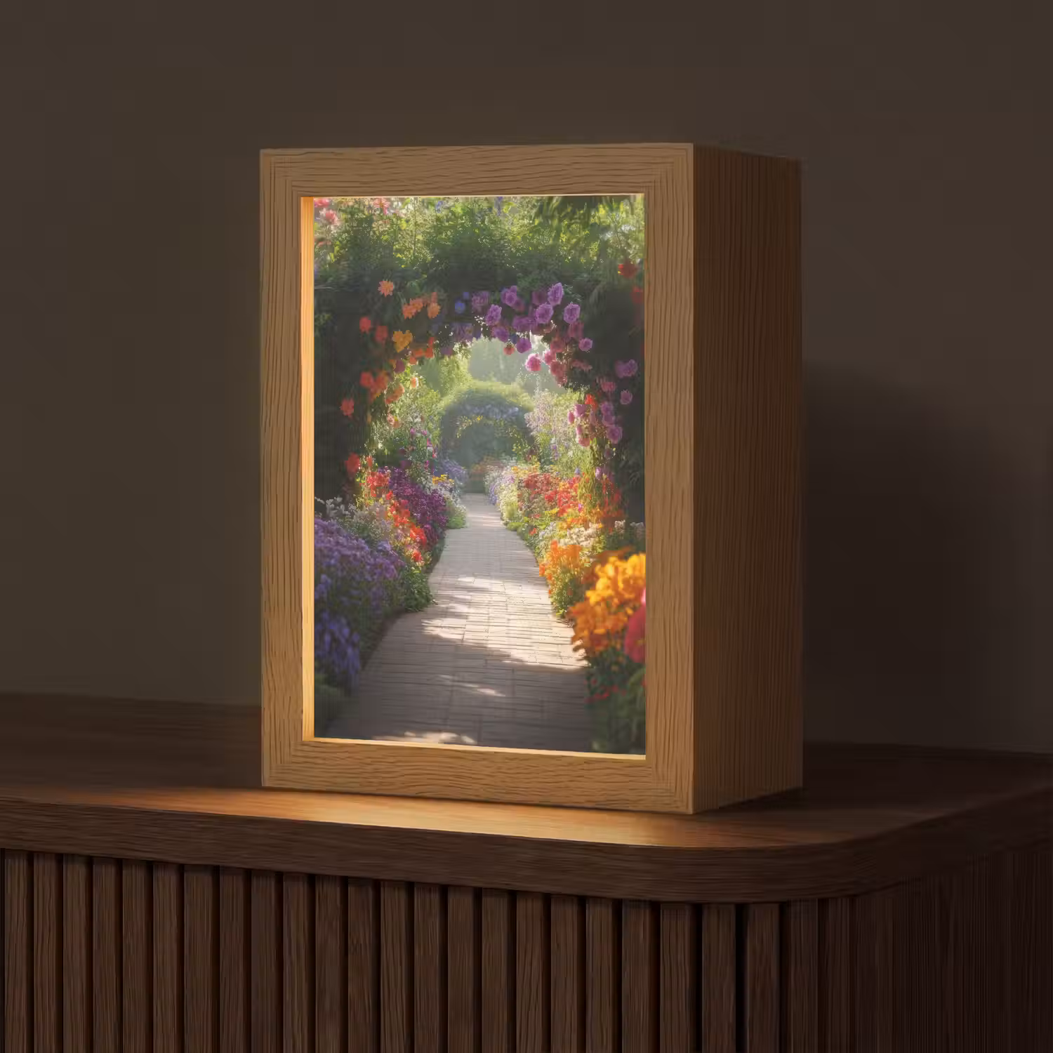 Doorkijk - Pad - Bloemen - Struik - Kleurrijk Light Box met kabel (Tafellamp) klein -z3d_website