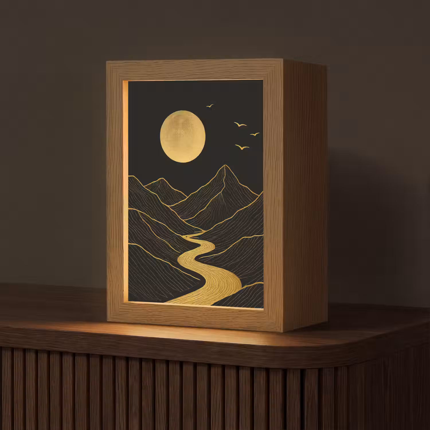 Rivier - Goud - Maan - Vogels Light Box met kabel (Tafellamp) klein -z3d_website