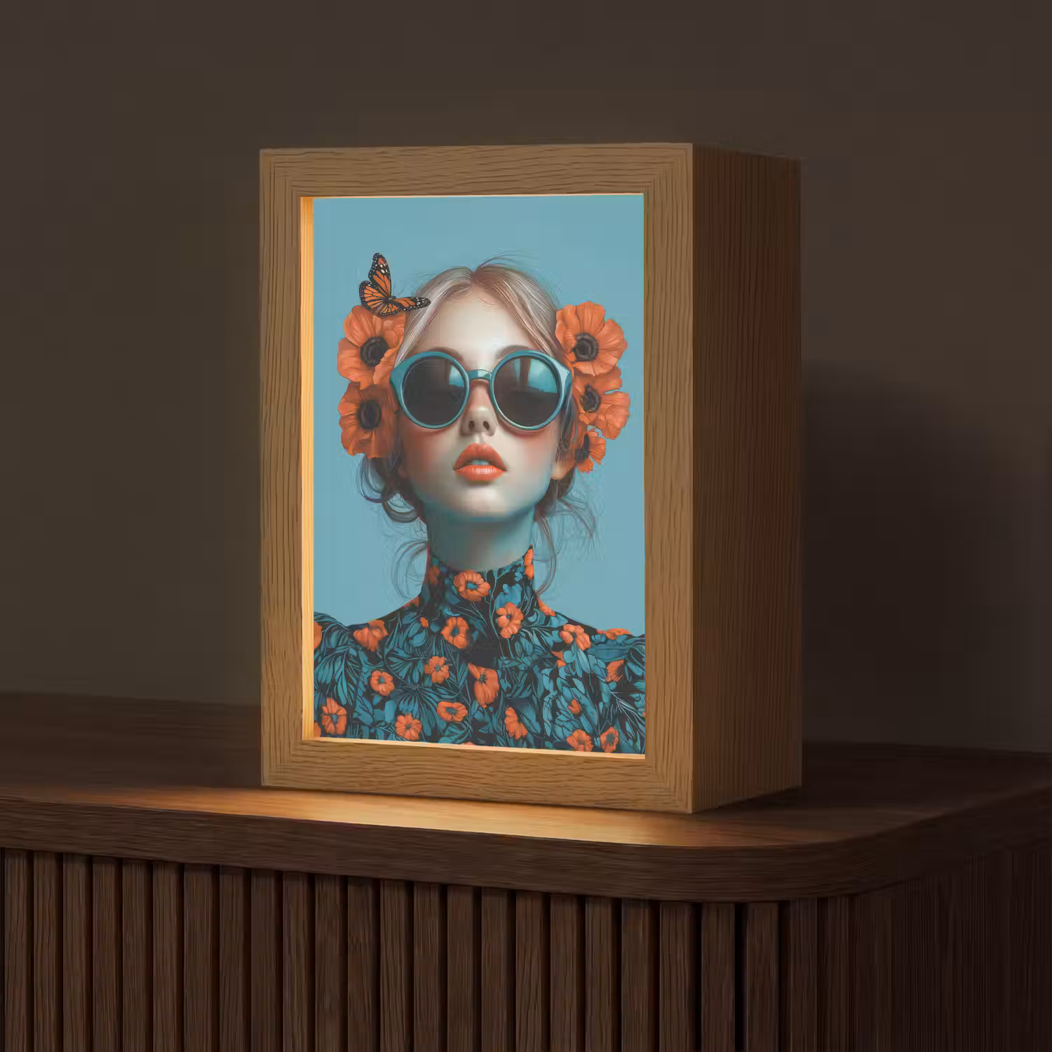 Vrouw - Blauw - Vlinder - Bloemen - Aesthetic Light Box met kabel (Tafellamp) klein -z3d_website