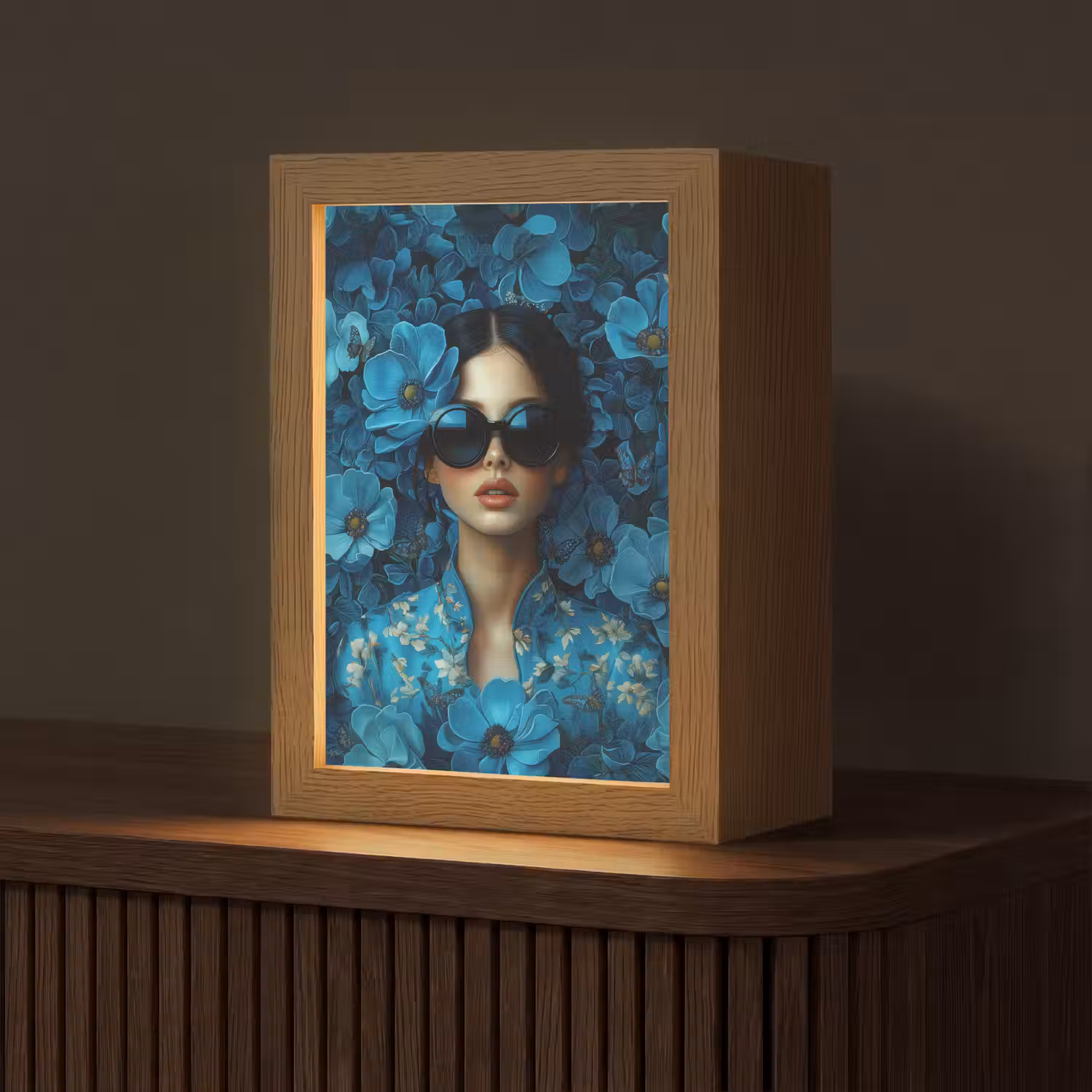 Vrouw - Bloemen - Blauw - Aesthetic - Luxe Light Box met kabel (Tafellamp) klein -z3d_website
