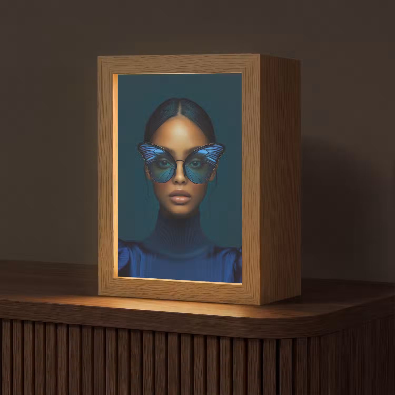 Vrouw - Vlinder - Bril - Blauw - Modern - Portret Light Box met kabel (Tafellamp) klein -z3d_website